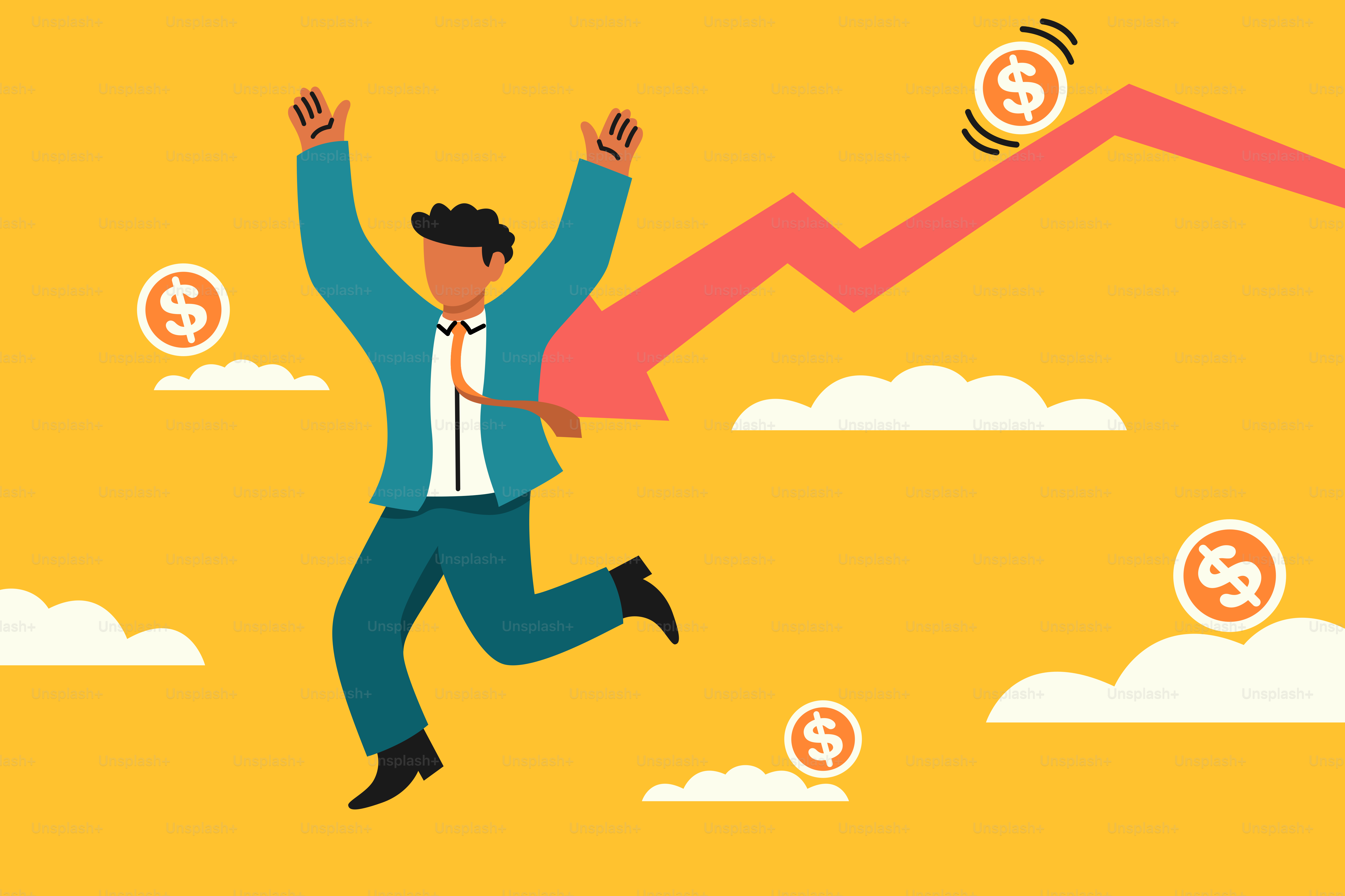 Un hombre saltando sobre una flecha roja de la que sale dinero