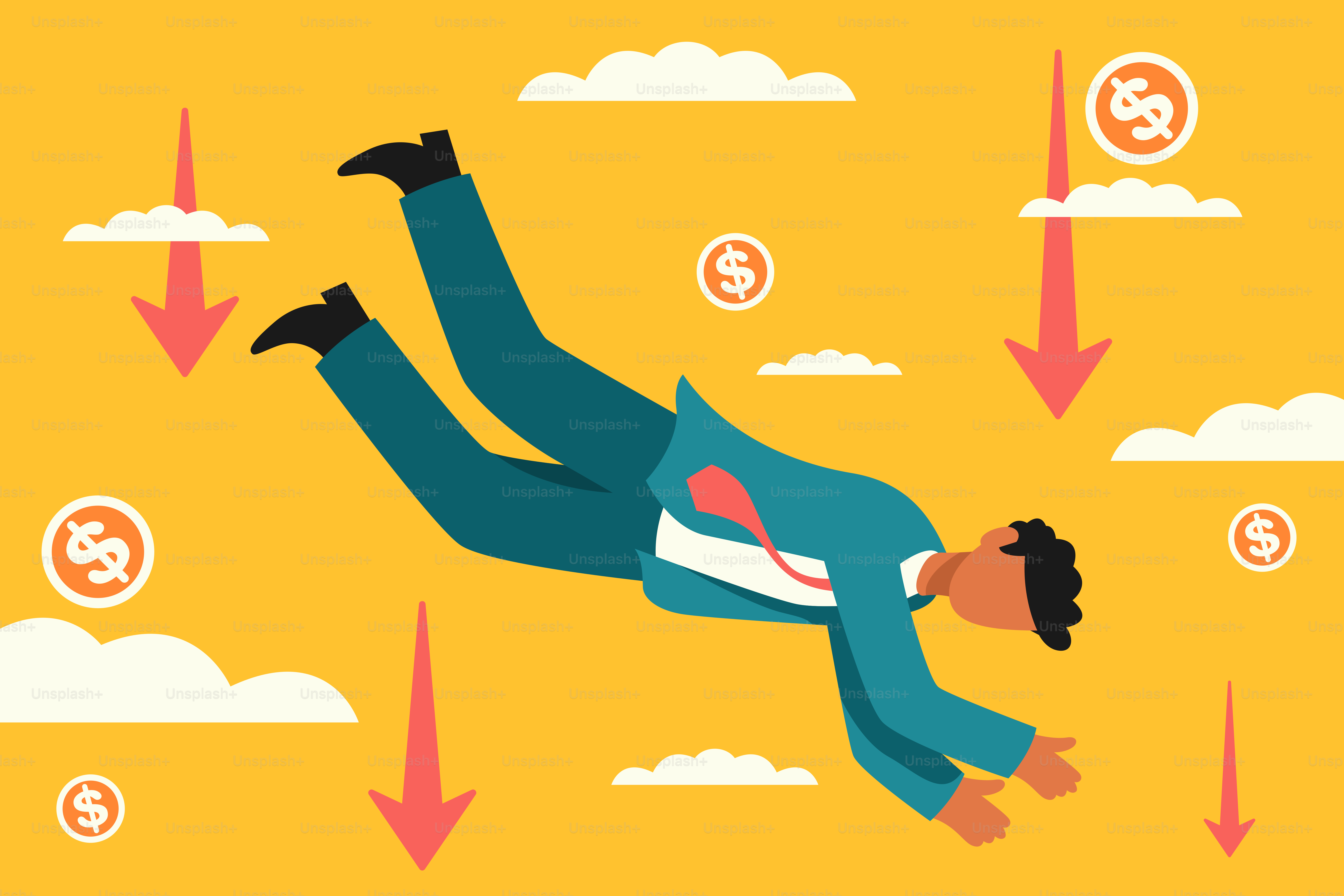 A man is flying through the air with money signs and arrows around him