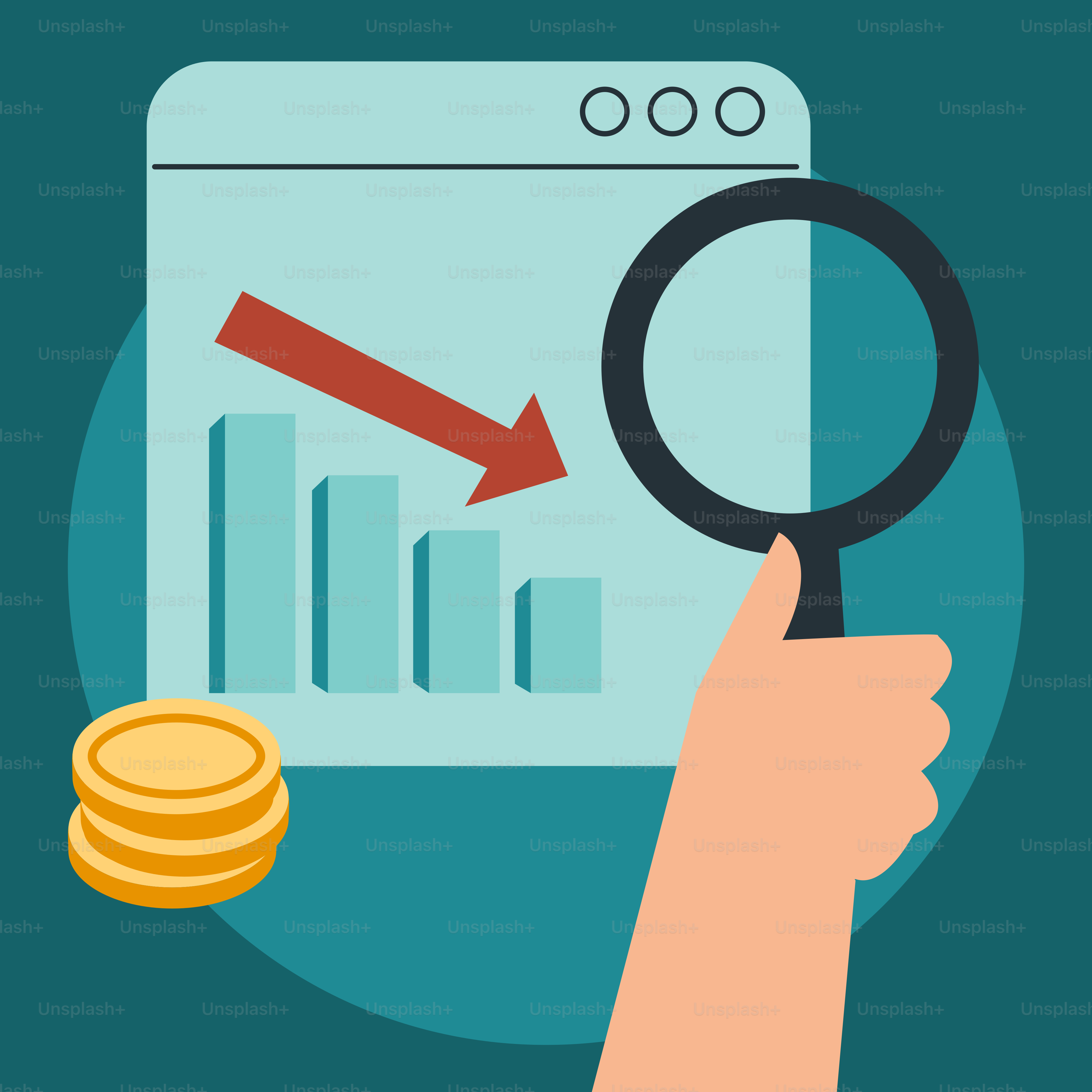 Una mano sosteniendo una lupa sobre un montón de monedas