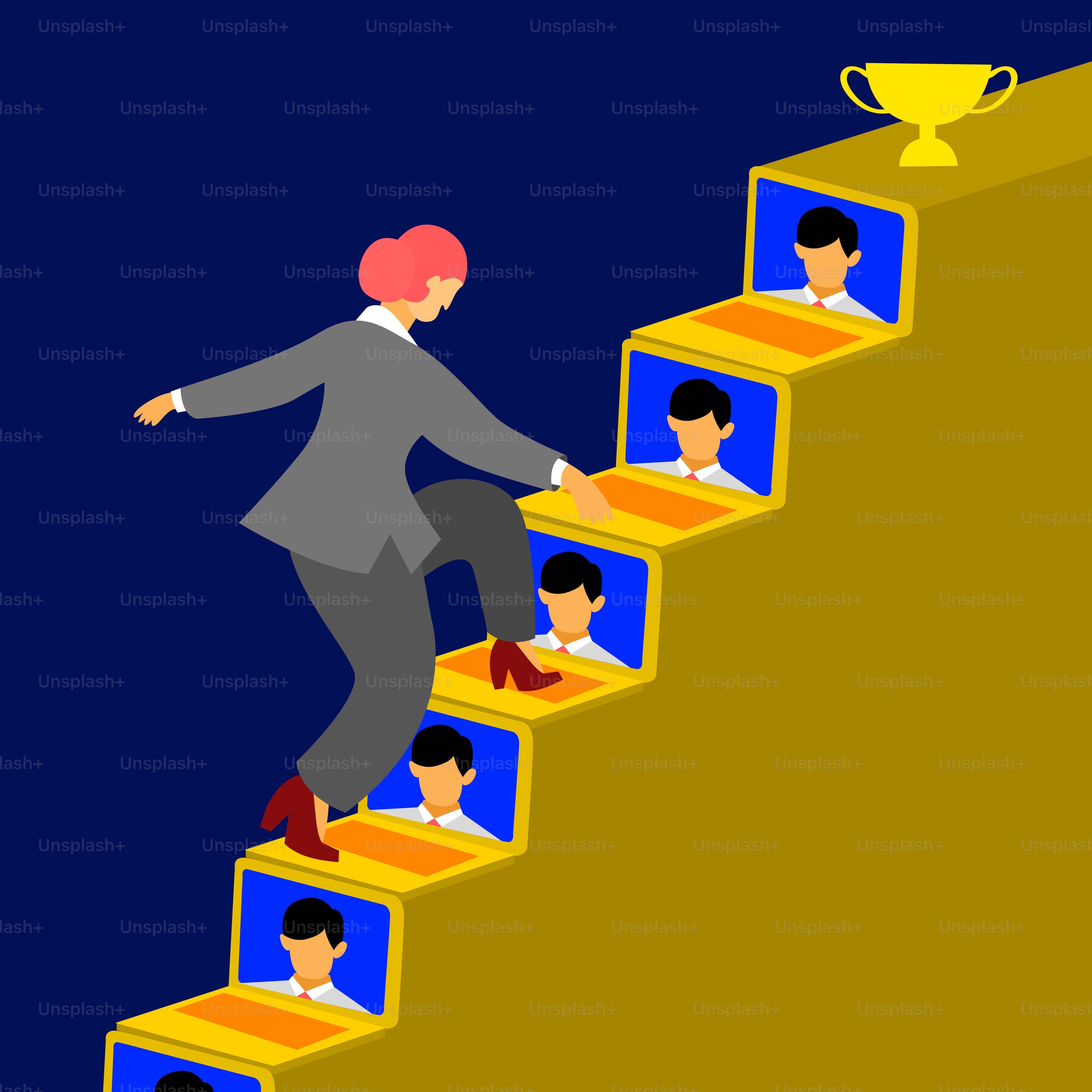 A man climbing up a stair with a trophy on top of it