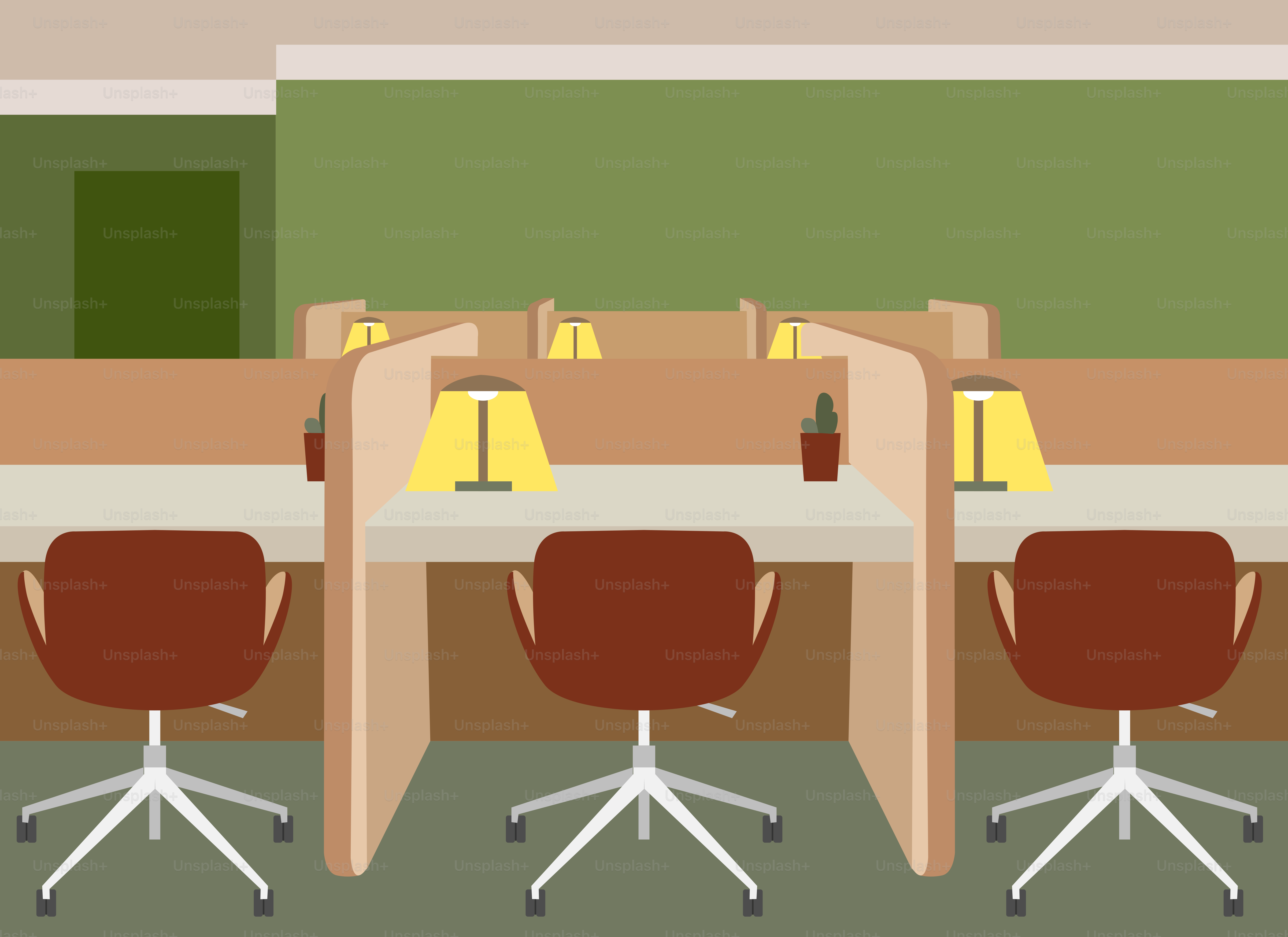 A drawing of a room with a desk and chairs