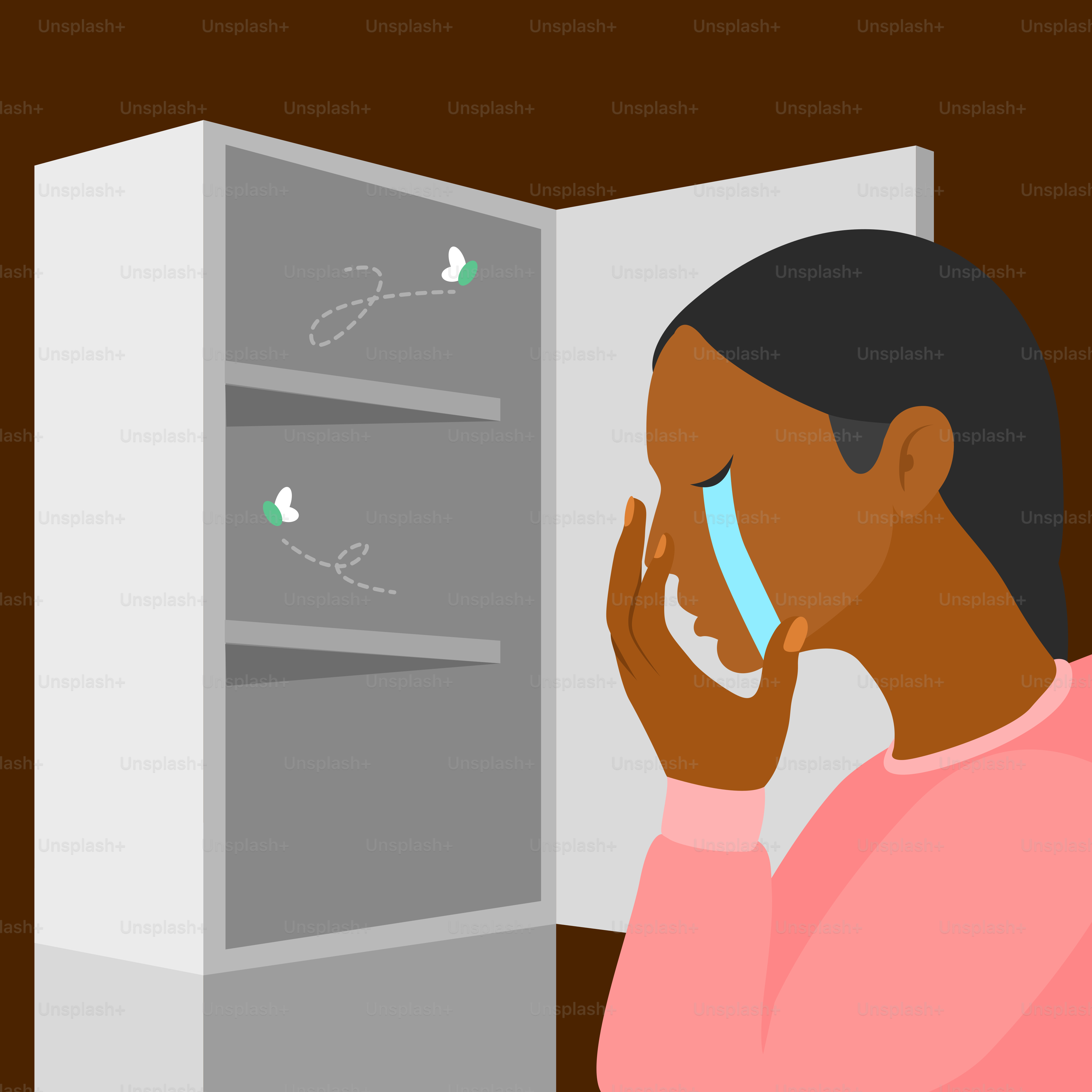 A woman is looking at a refrigerator with magnets on it