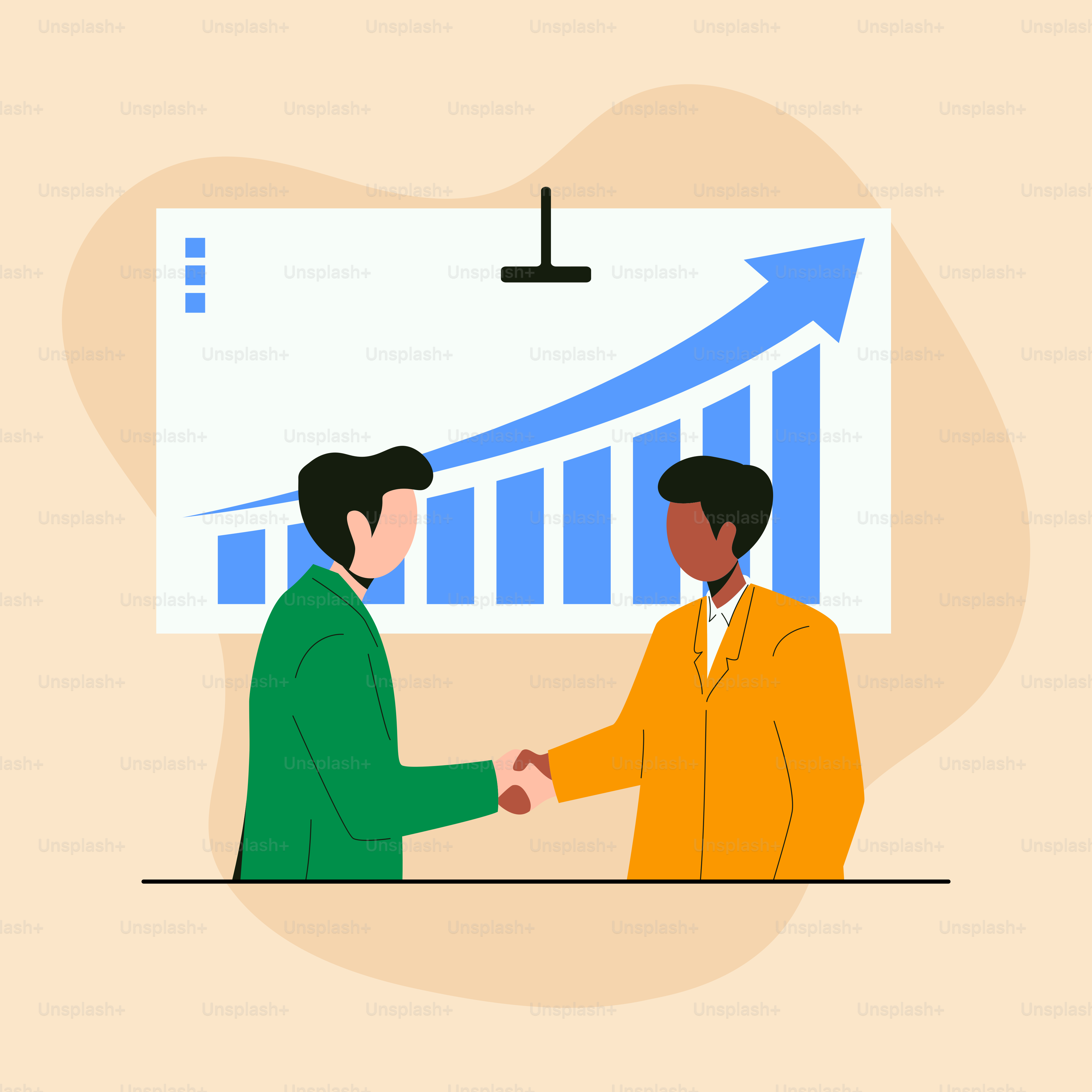 Two men shaking hands in front of a chart