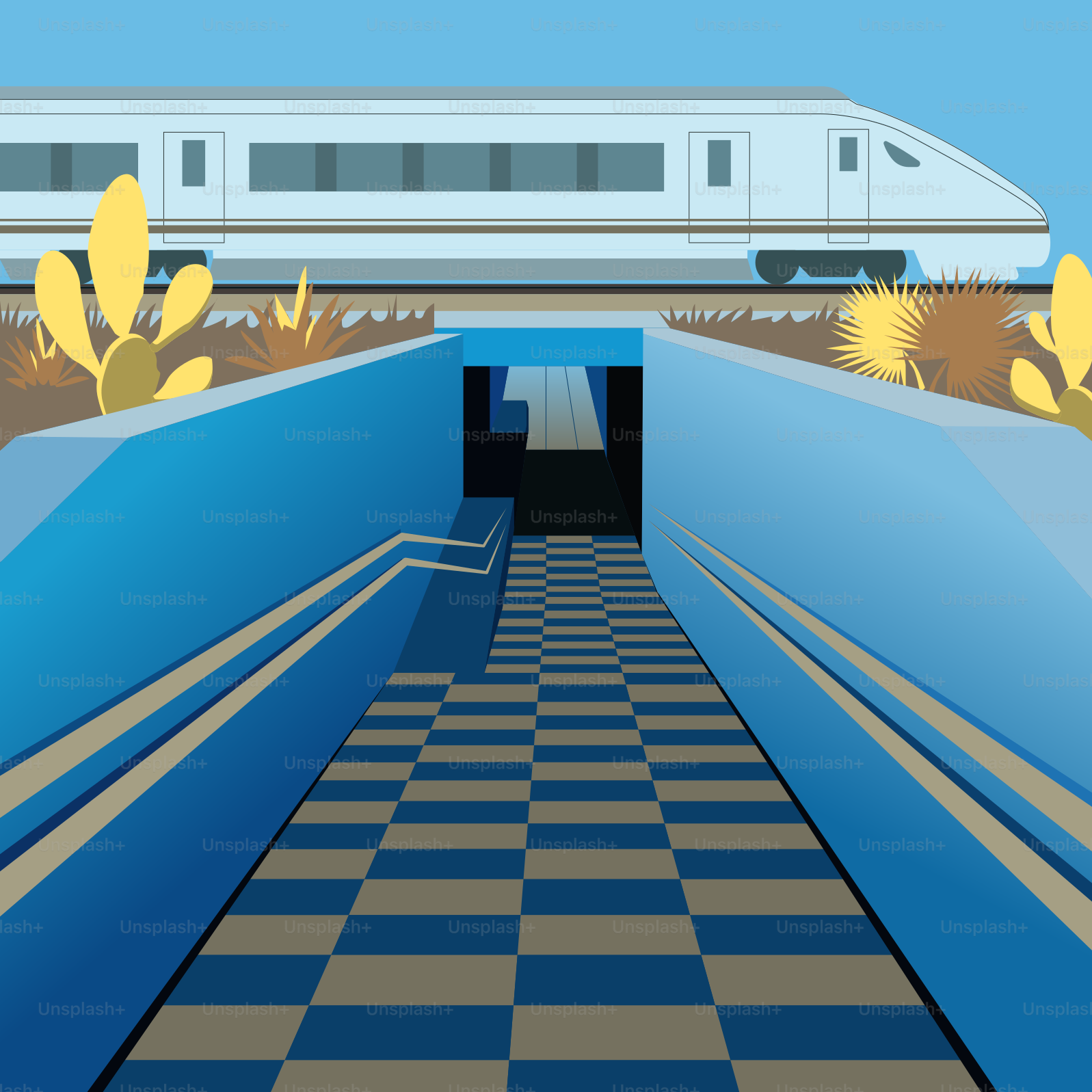 A train traveling through a tunnel with a checkered floor