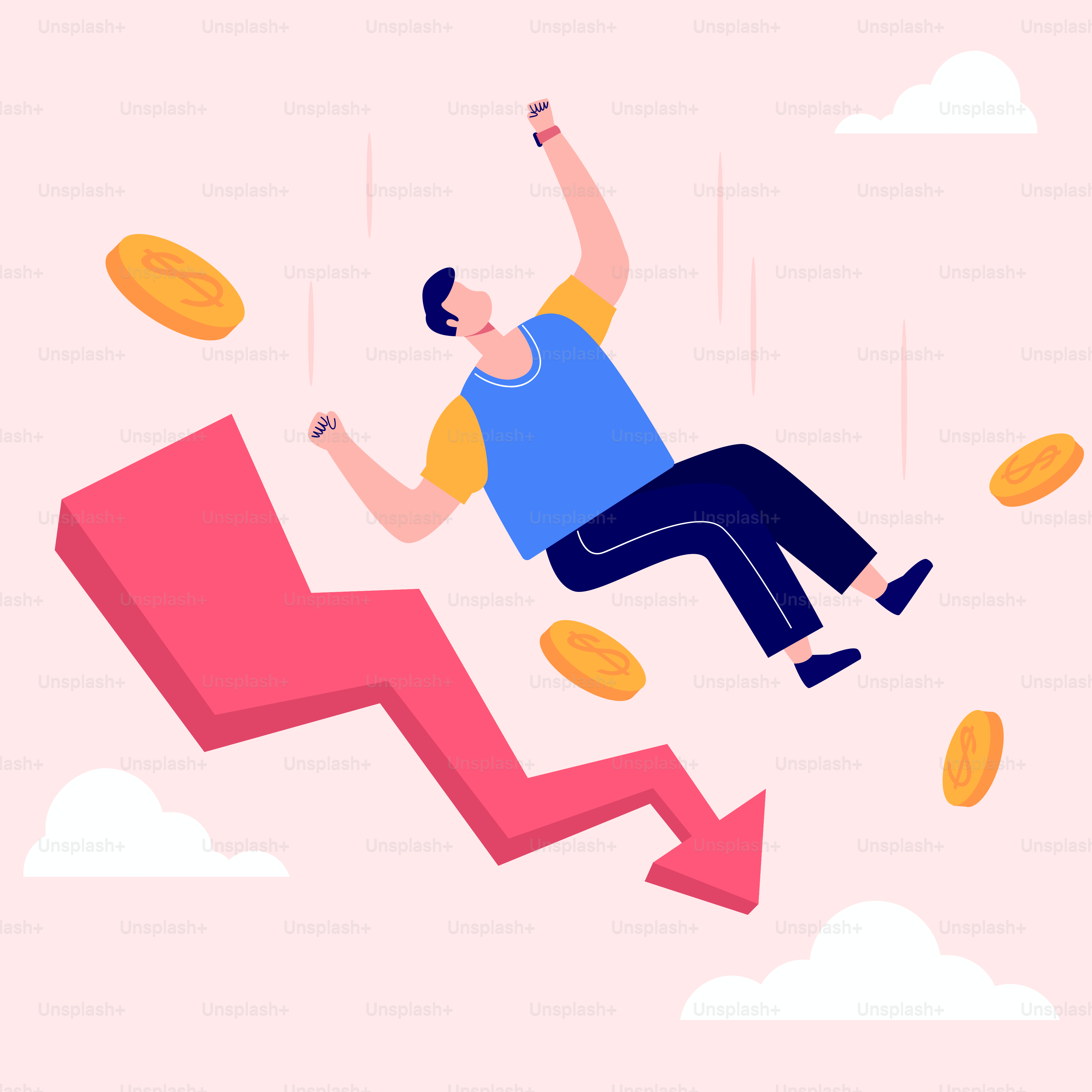 A man falling down a red arrow with money coming out of it