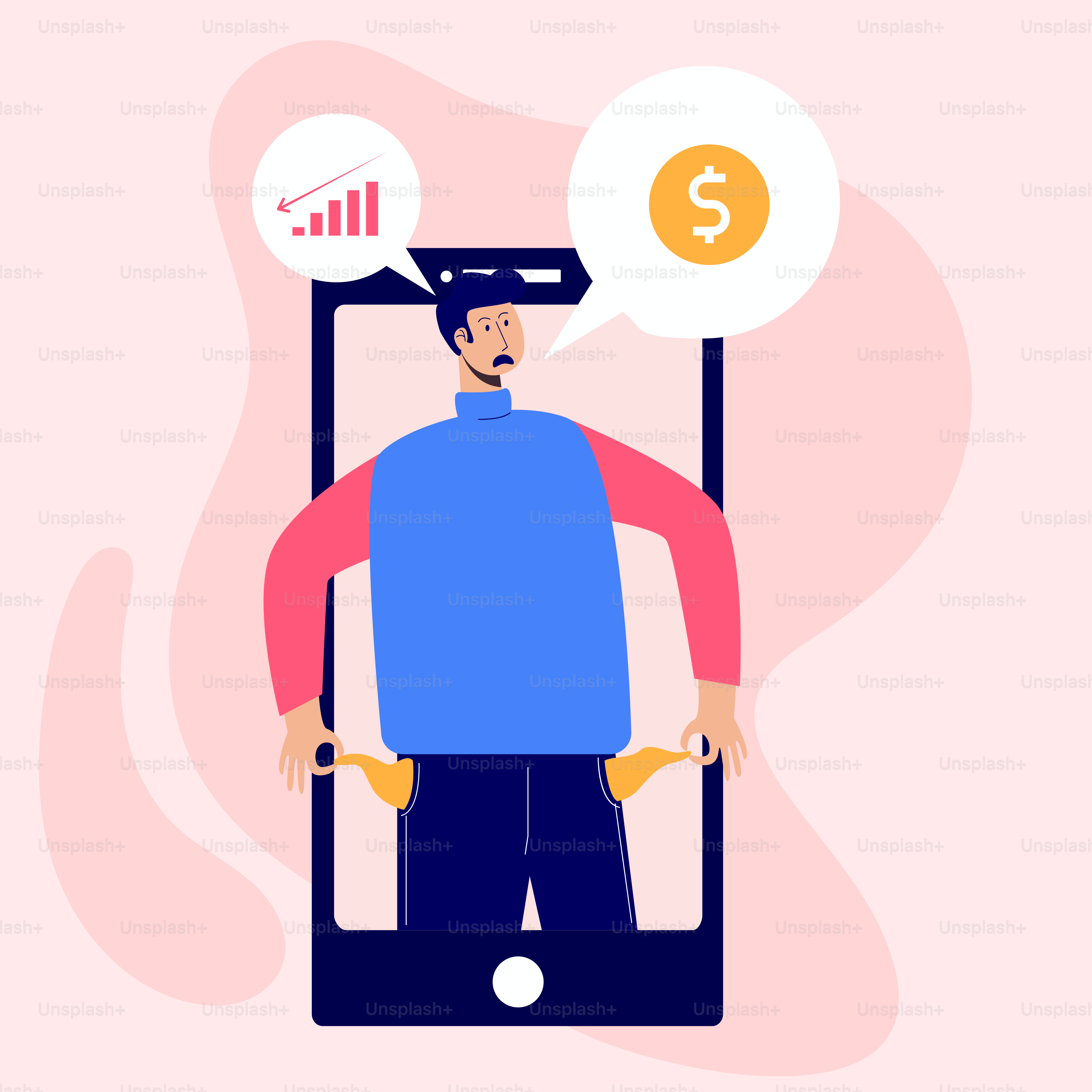 Ein Mann, der vor einem Handy steht, mit Sprechblasen über dem Kopf