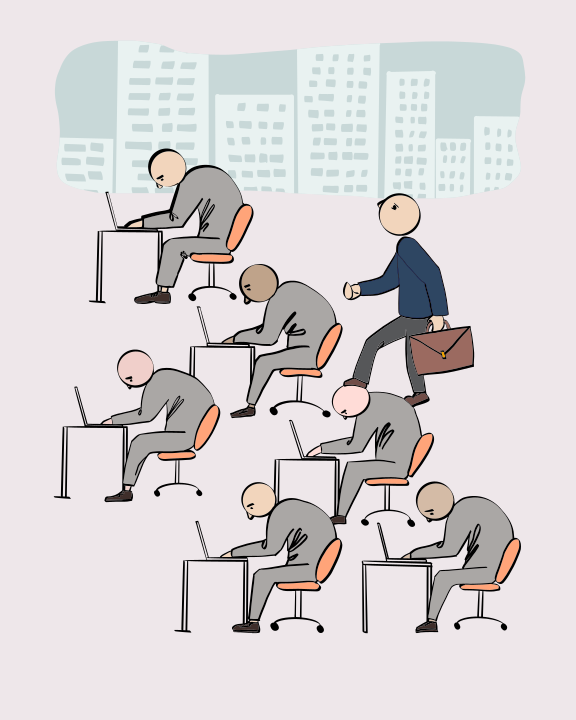 A group of people sitting at desks in front of a city