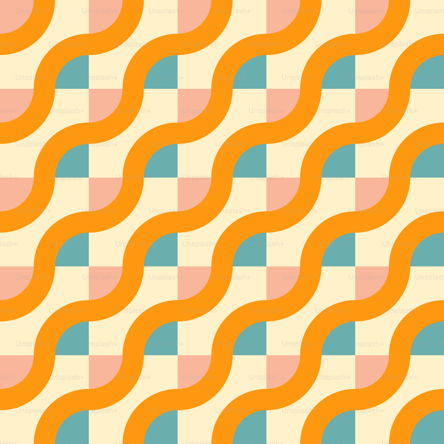 A pattern of wavy shapes in orange, blue, and pink