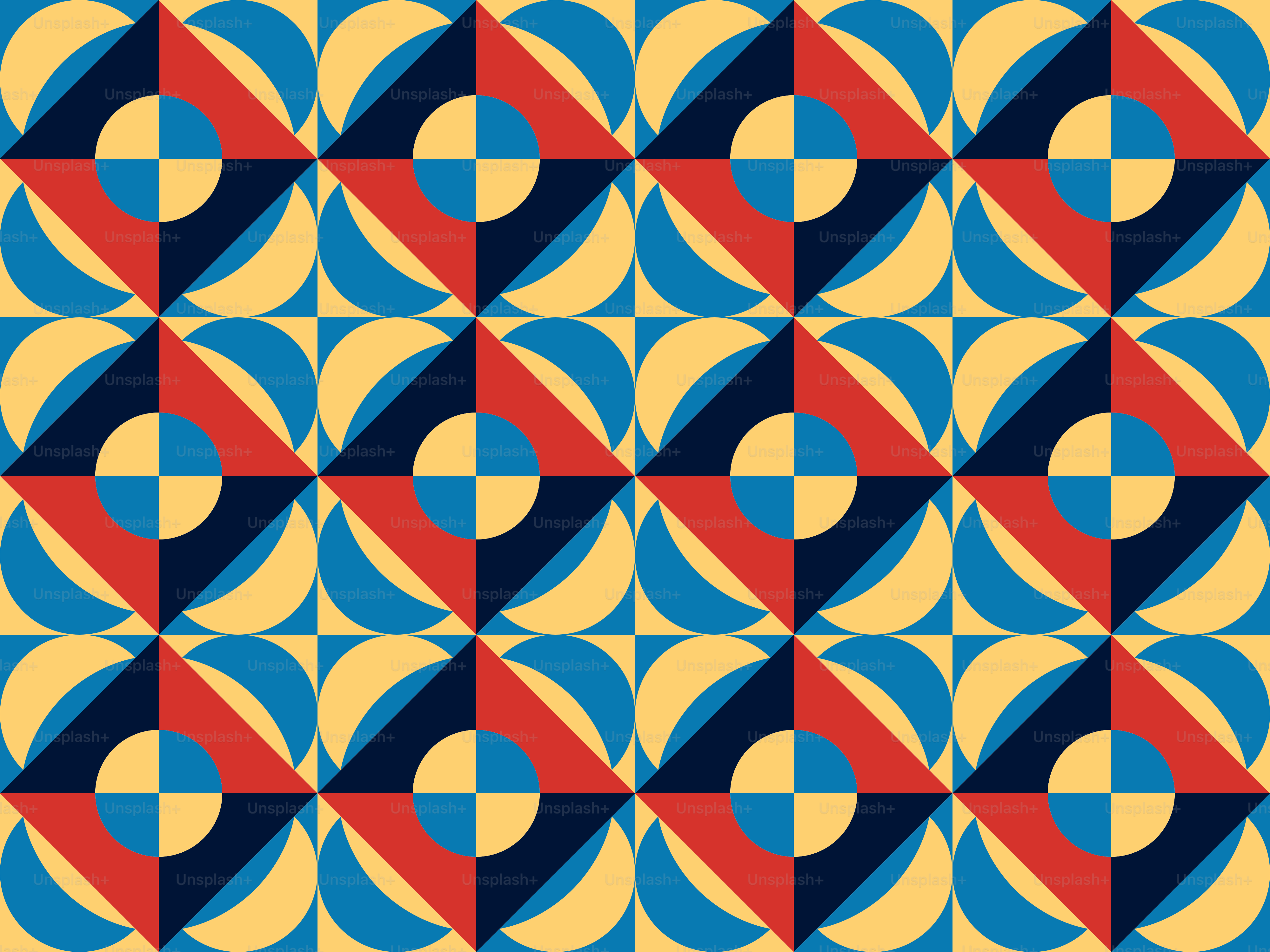 Un patrón geométrico azul, amarillo y rojo