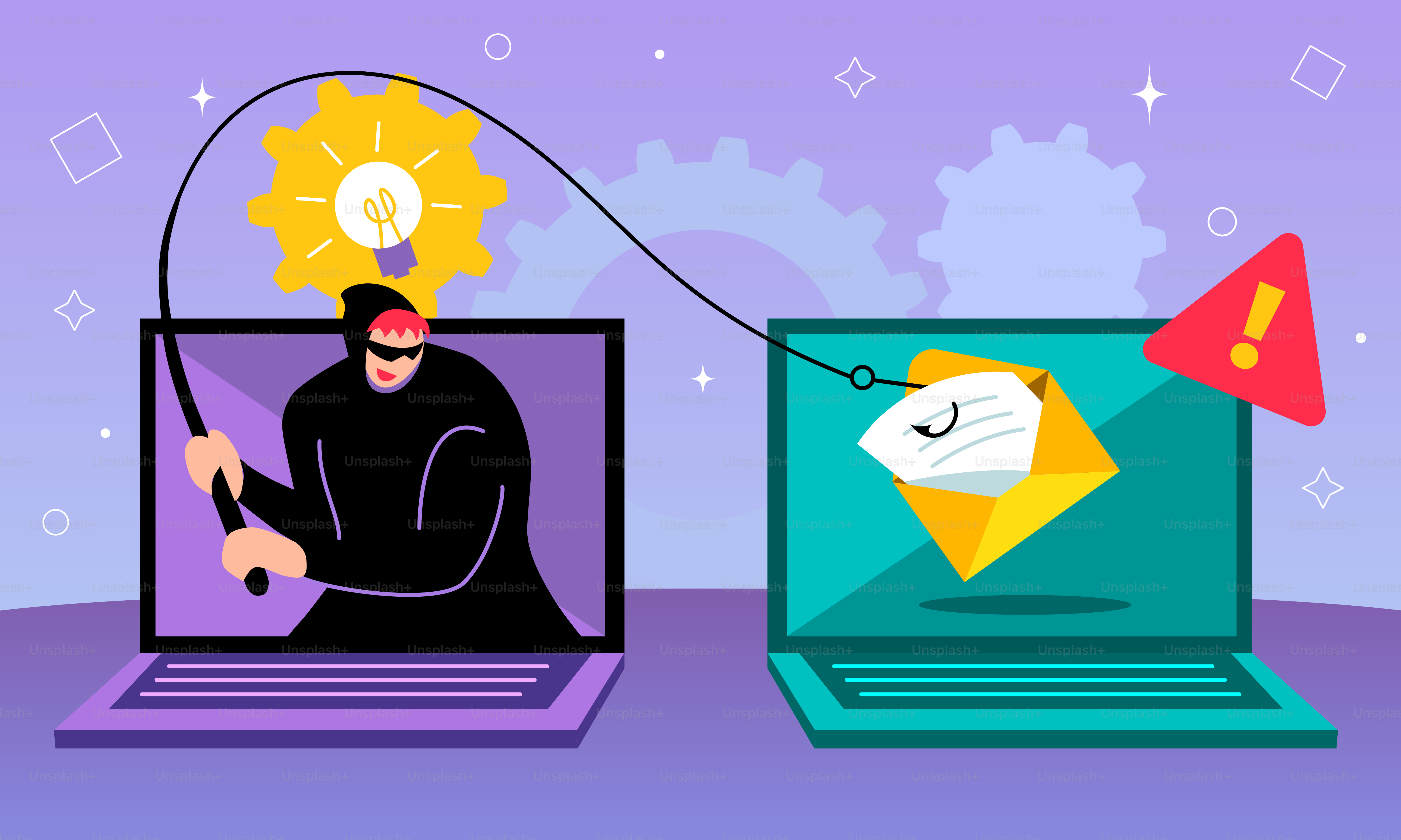 A man sitting on a laptop with a light bulb above his head