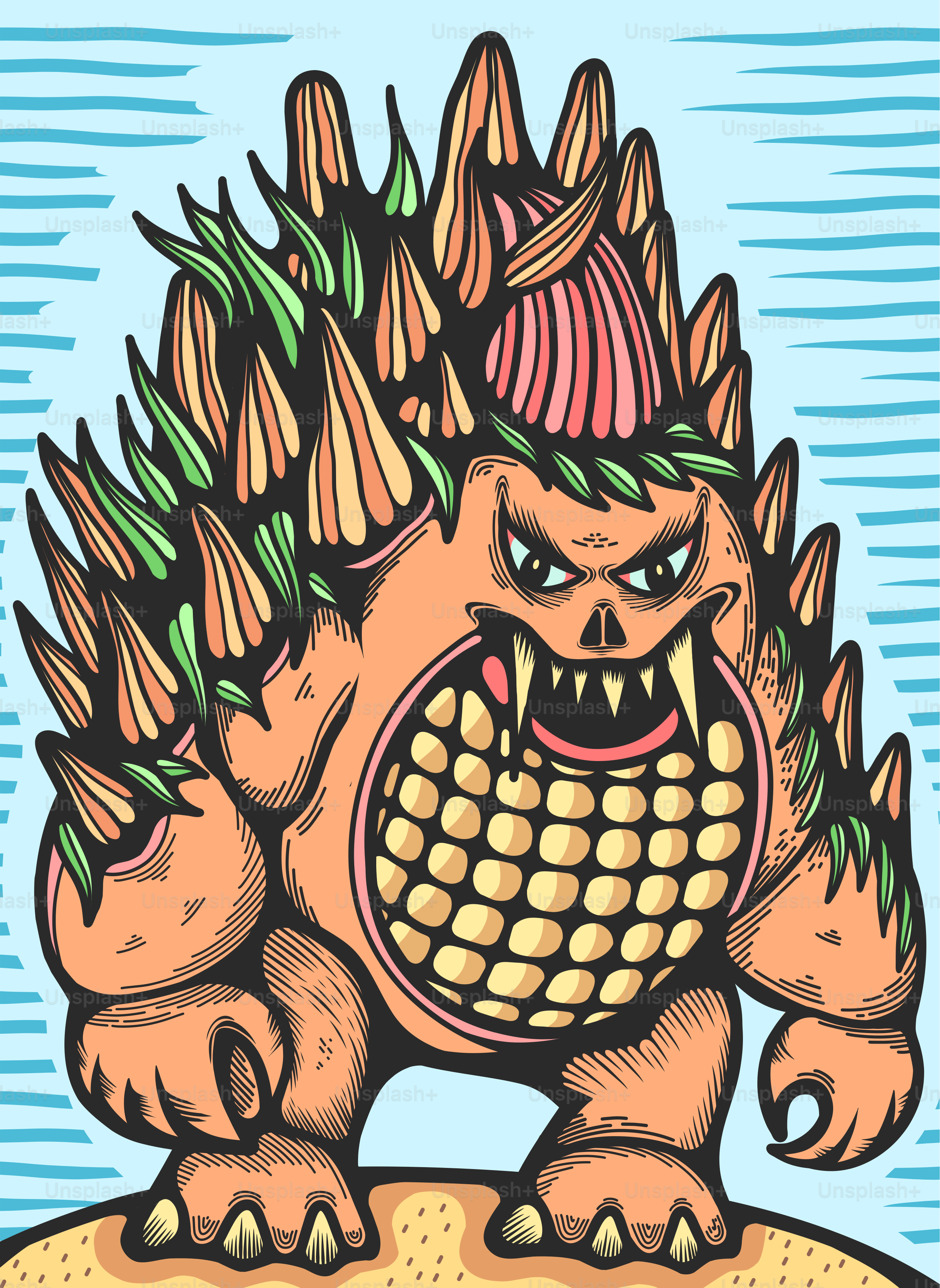 A drawing of a monster on a surfboard