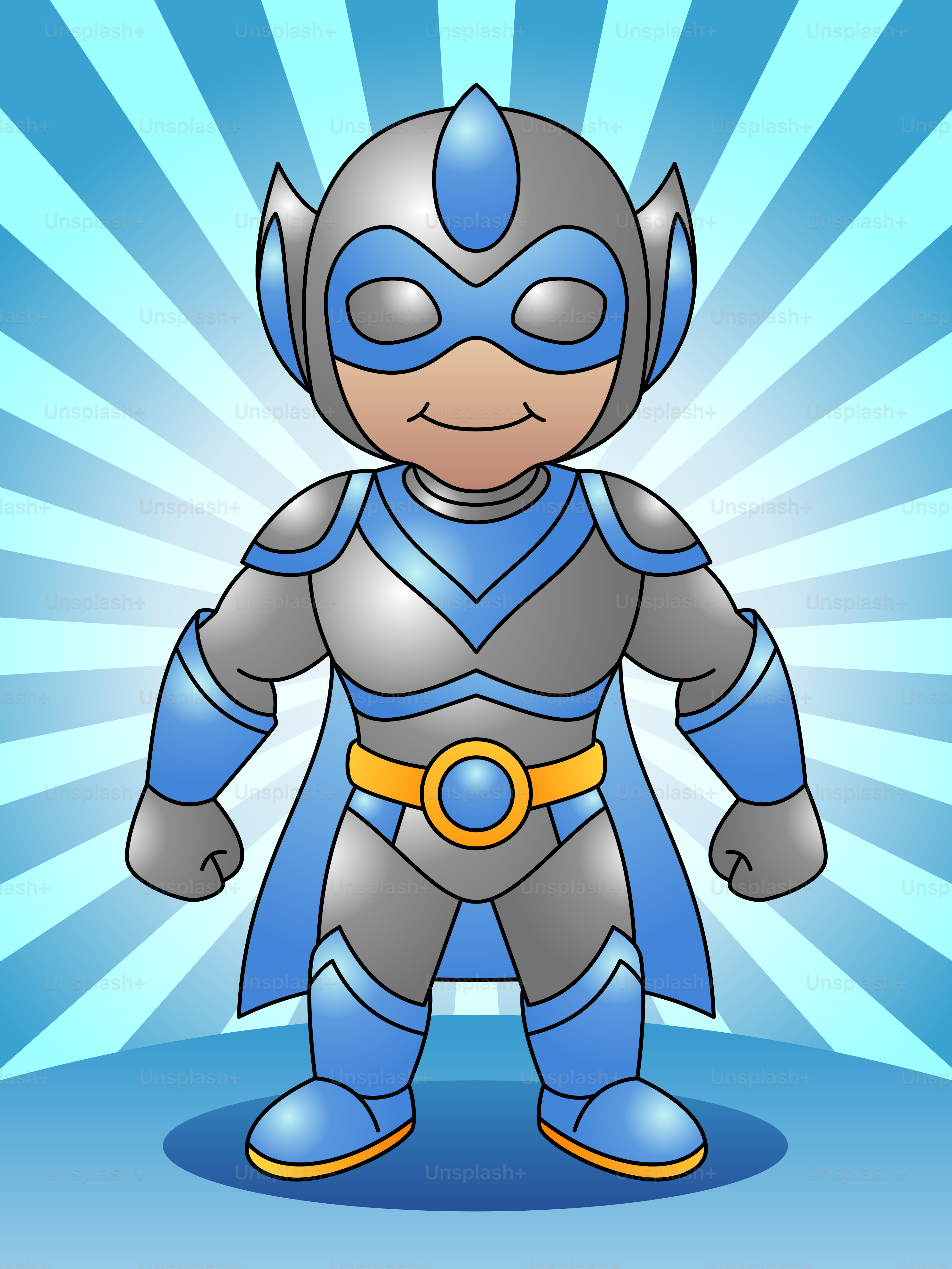 Un personaje de dibujos animados vestido con un traje azul y plateado  vector – Imagen de Ilustración en Unsplash, image size:3000x4000