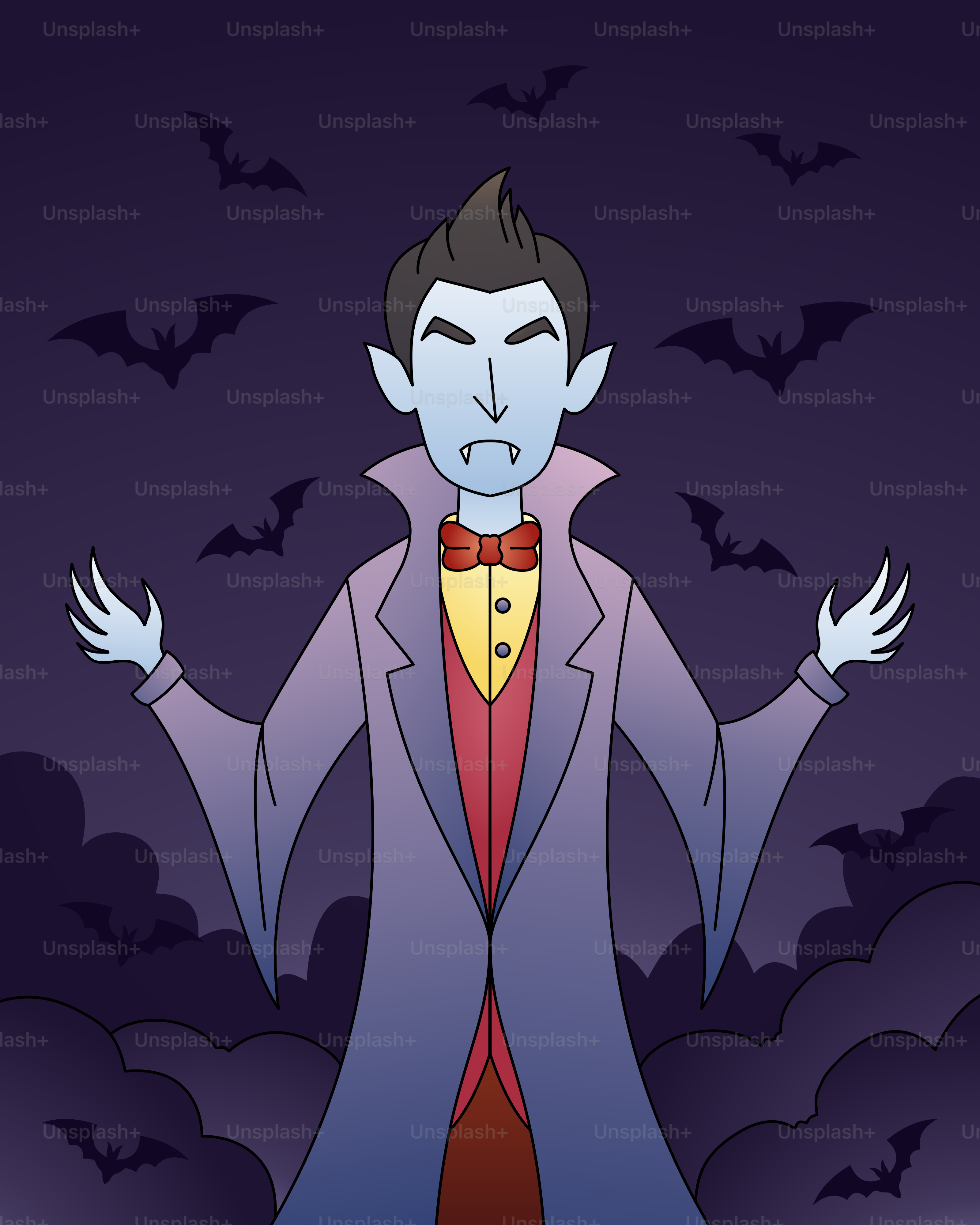 A cartoon of a vampire standing in front of bats