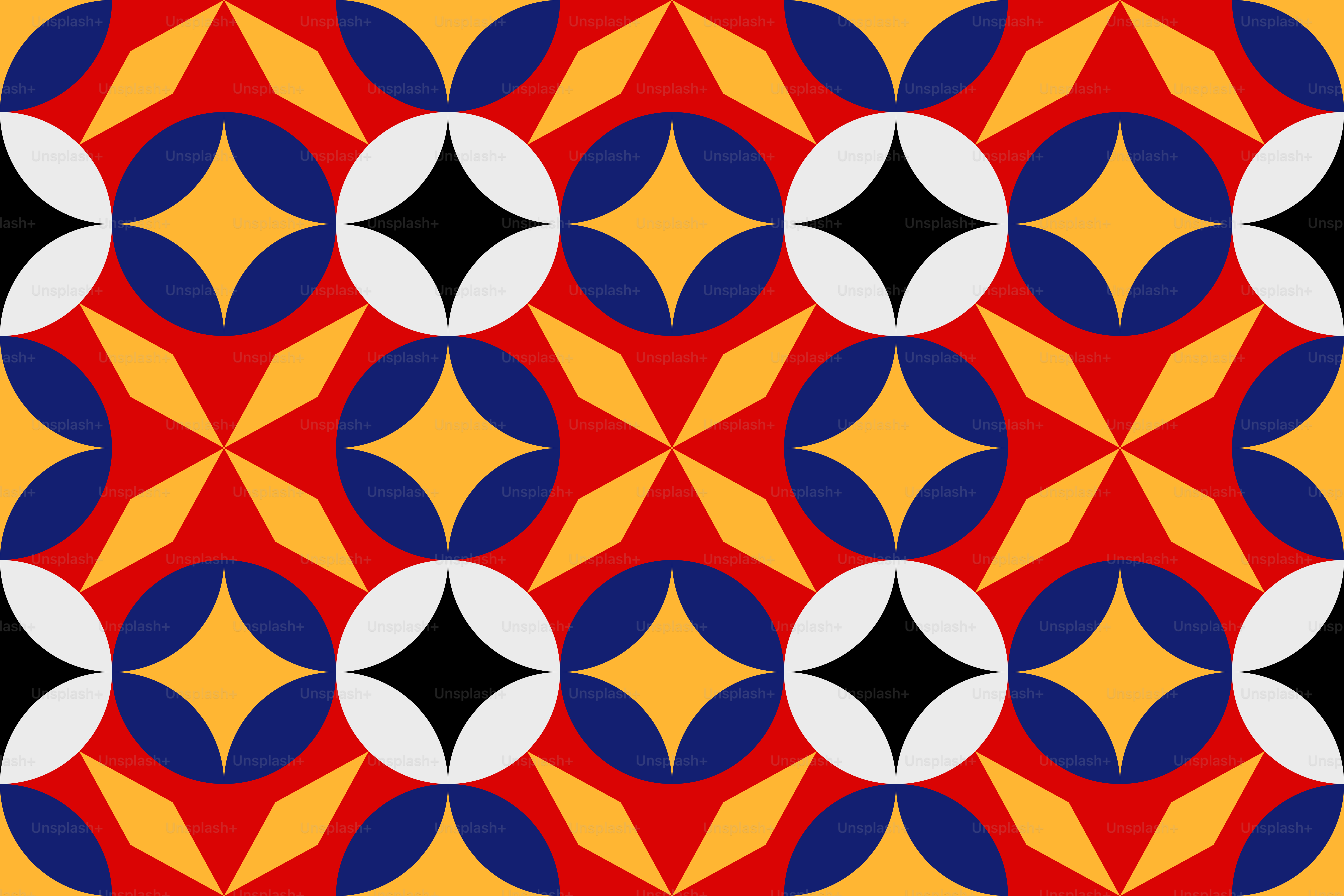 A colorful pattern with circles and stars on a yellow background