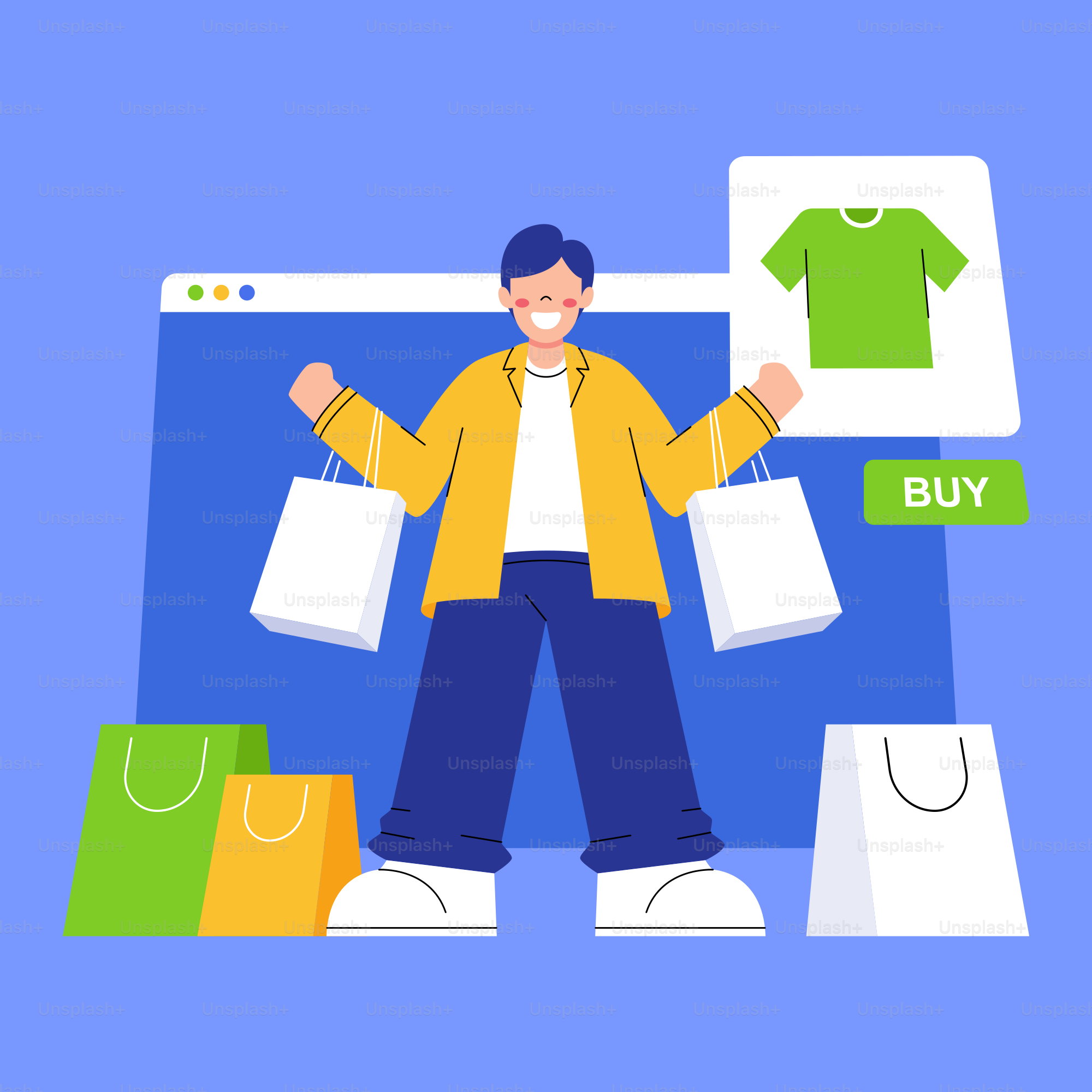 A man standing in front of a computer screen with shopping bags