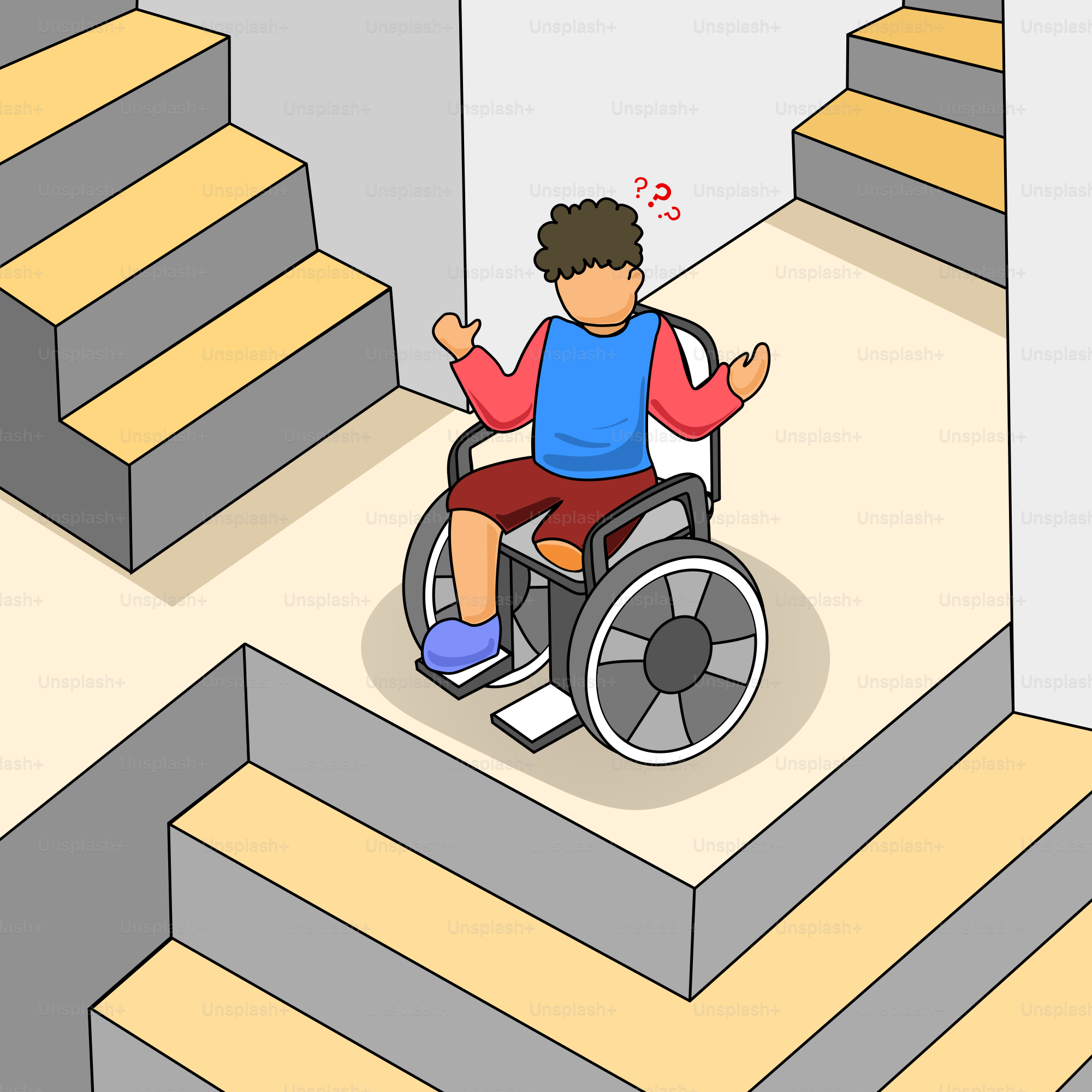 Un homme en fauteuil roulant assis sur un escalier