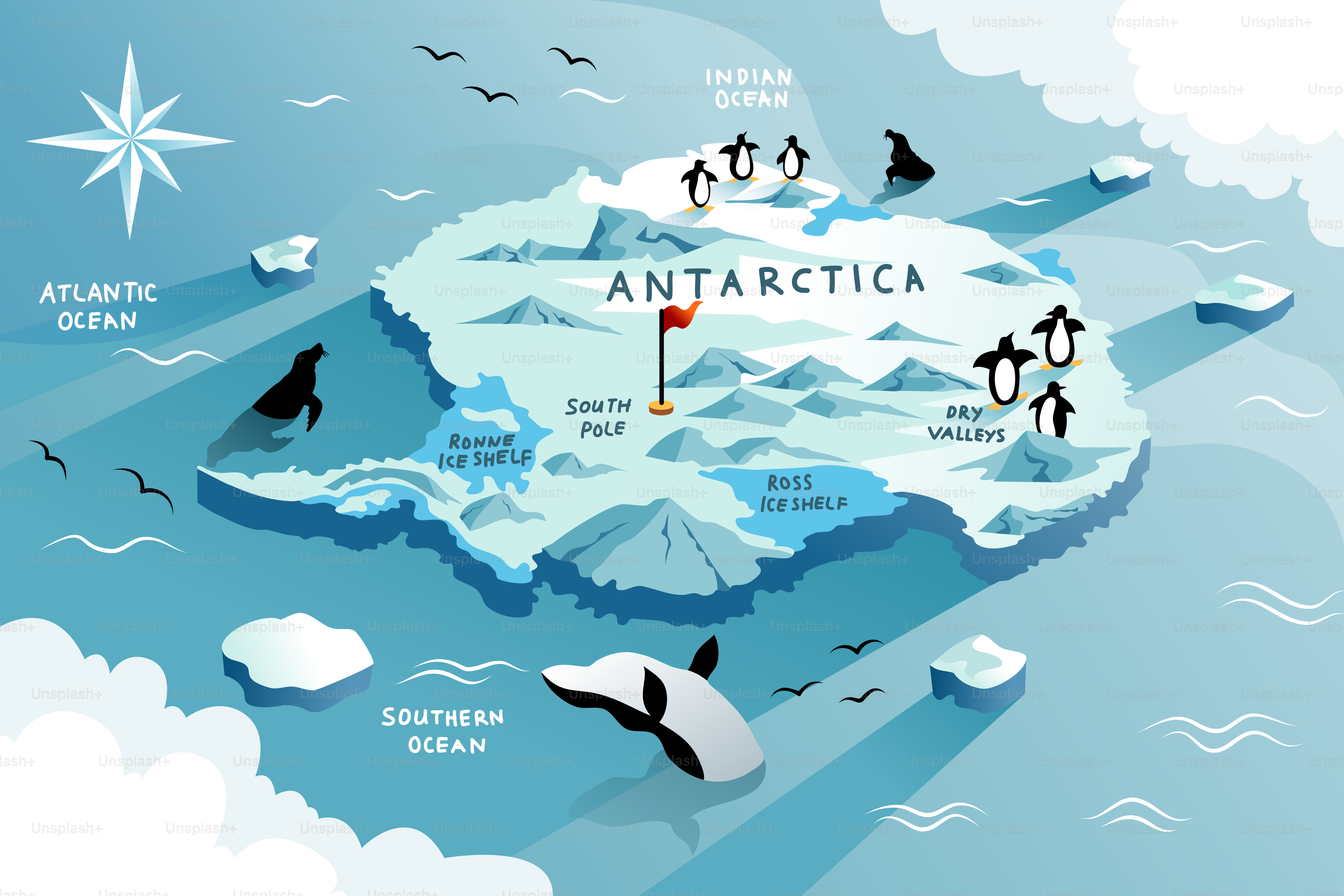 A map of the arctic with penguins flying around
