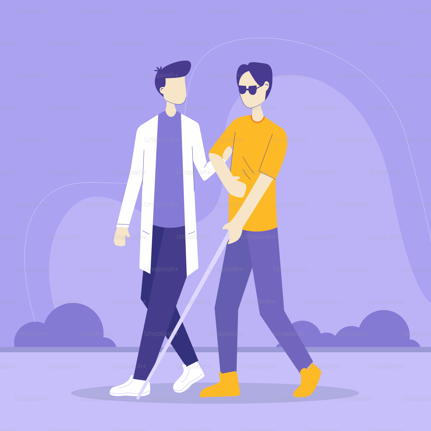 Two men walking with a cane in their hands