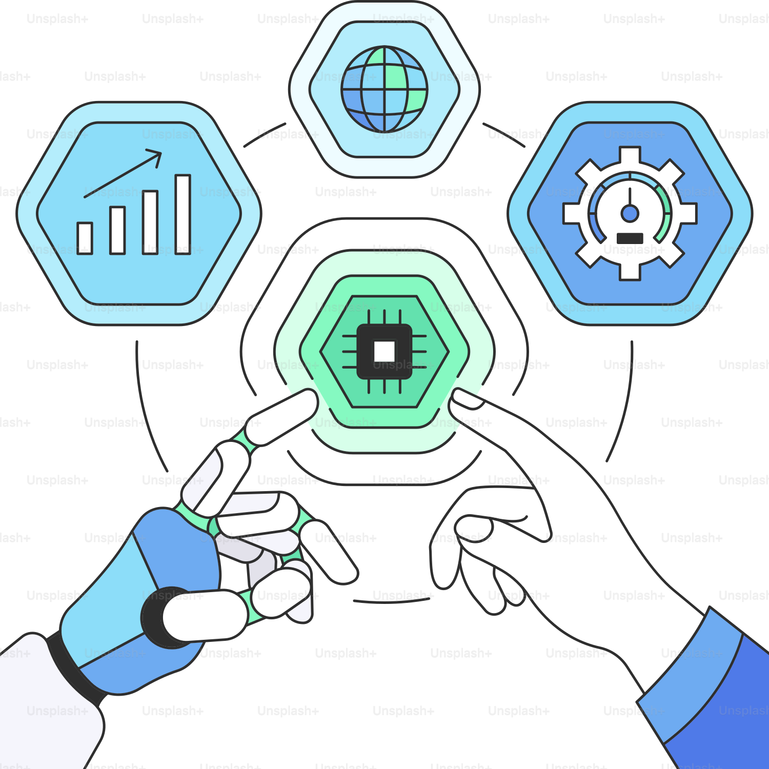 Zwei Hände, die sich berühren, mit unterschiedlichen Symbolen darüber