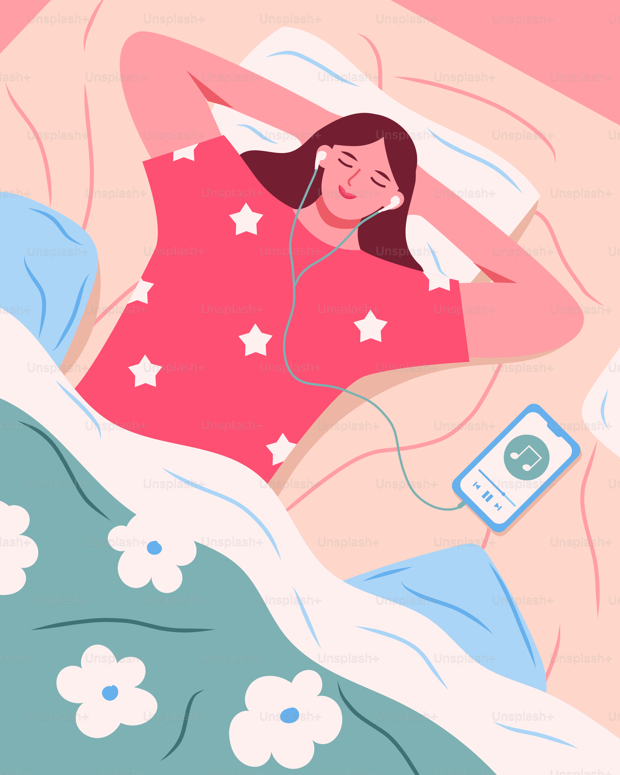Eine Frau, die im Bett liegt und Kopfhörer benutzt.
