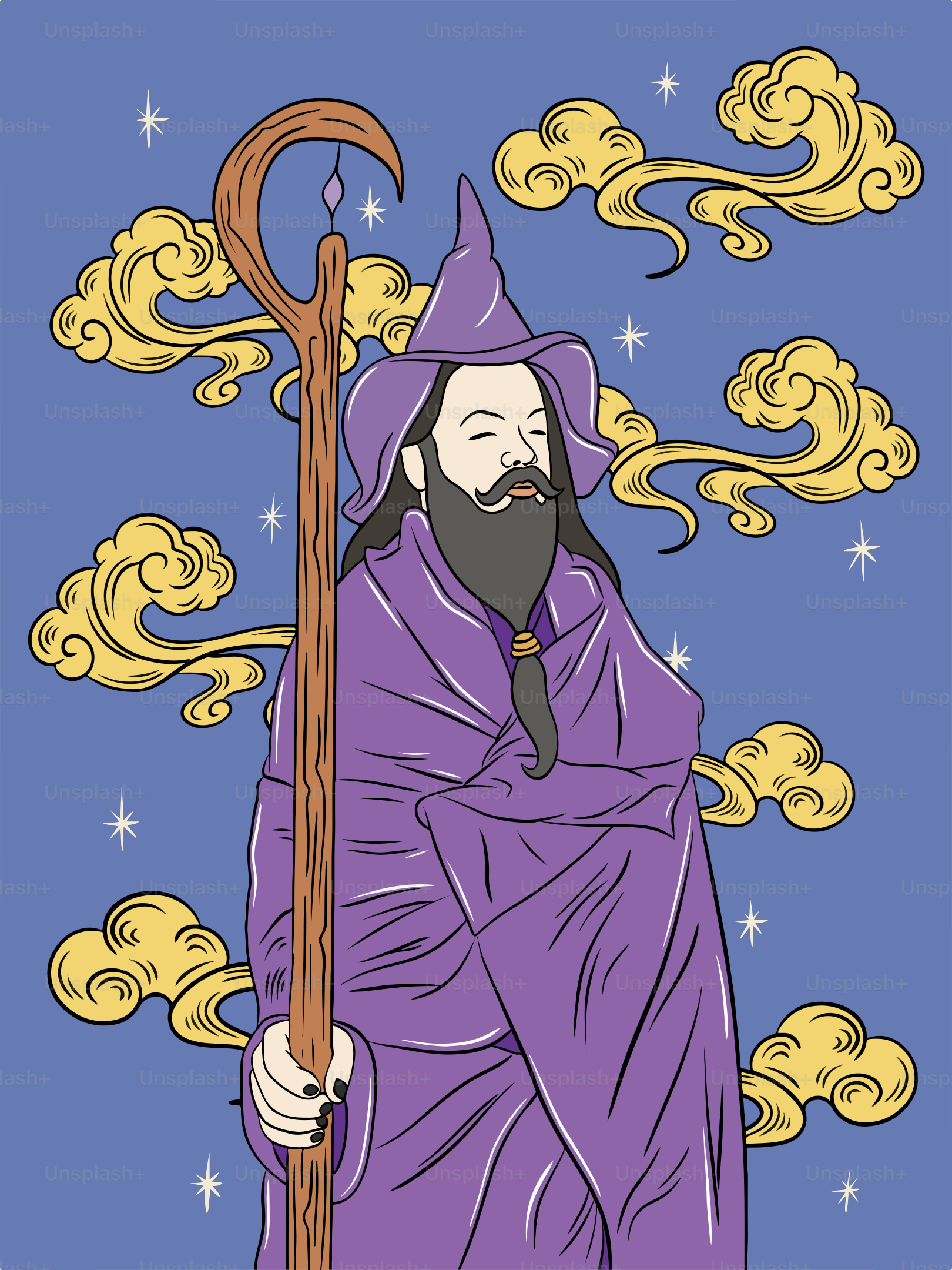 Un dibujo de un mago sosteniendo un bastón