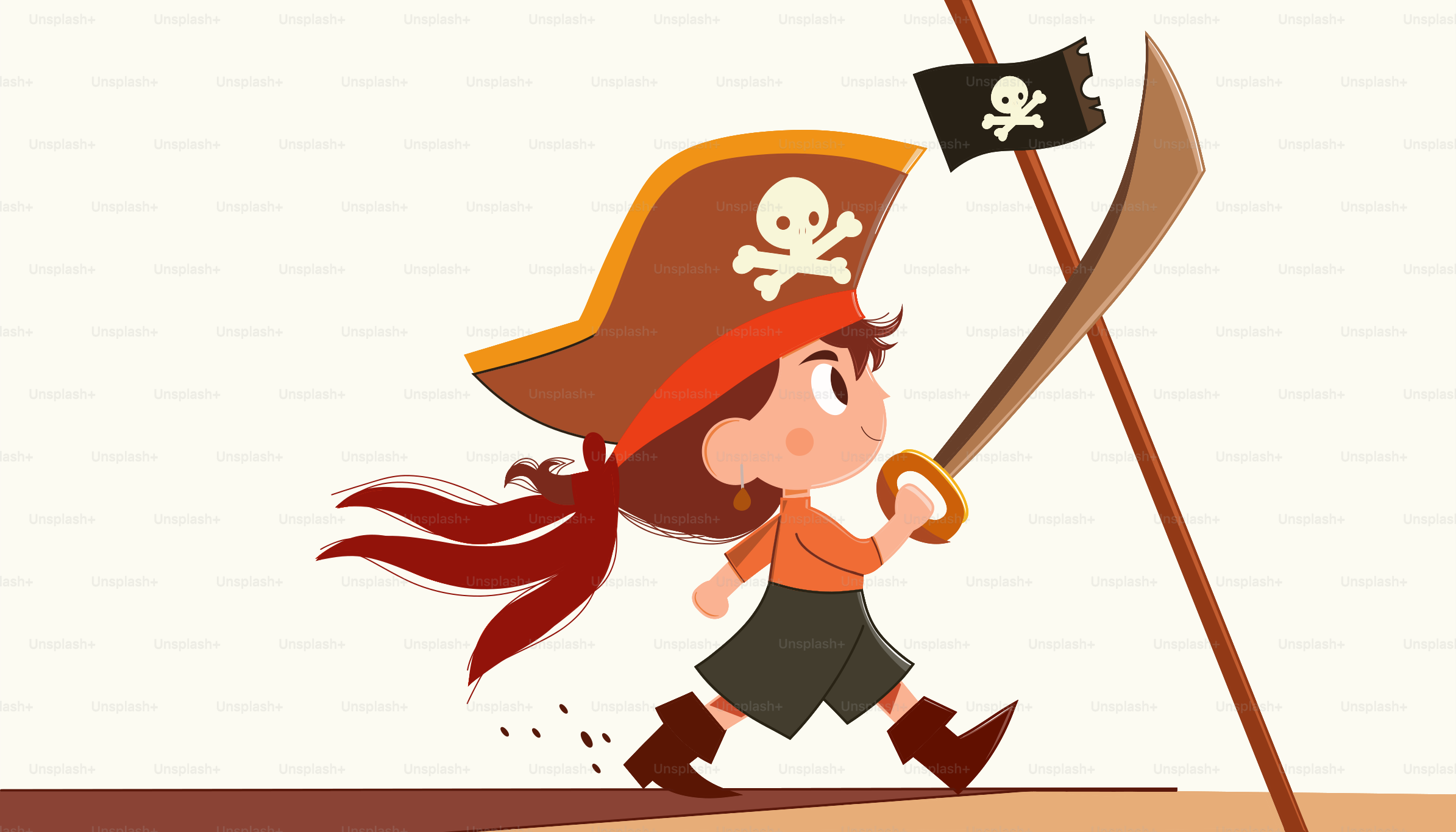 A cartoon pirate girl carrying a flag and a skull