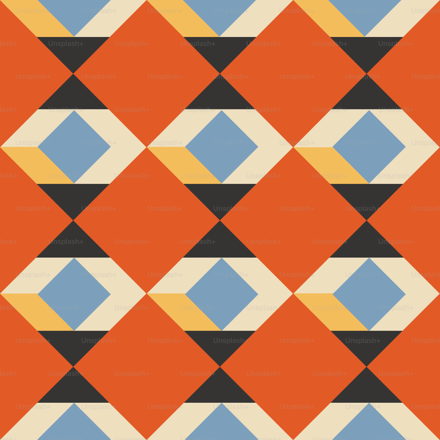 Pola geometris oranye, biru, dan hitam
