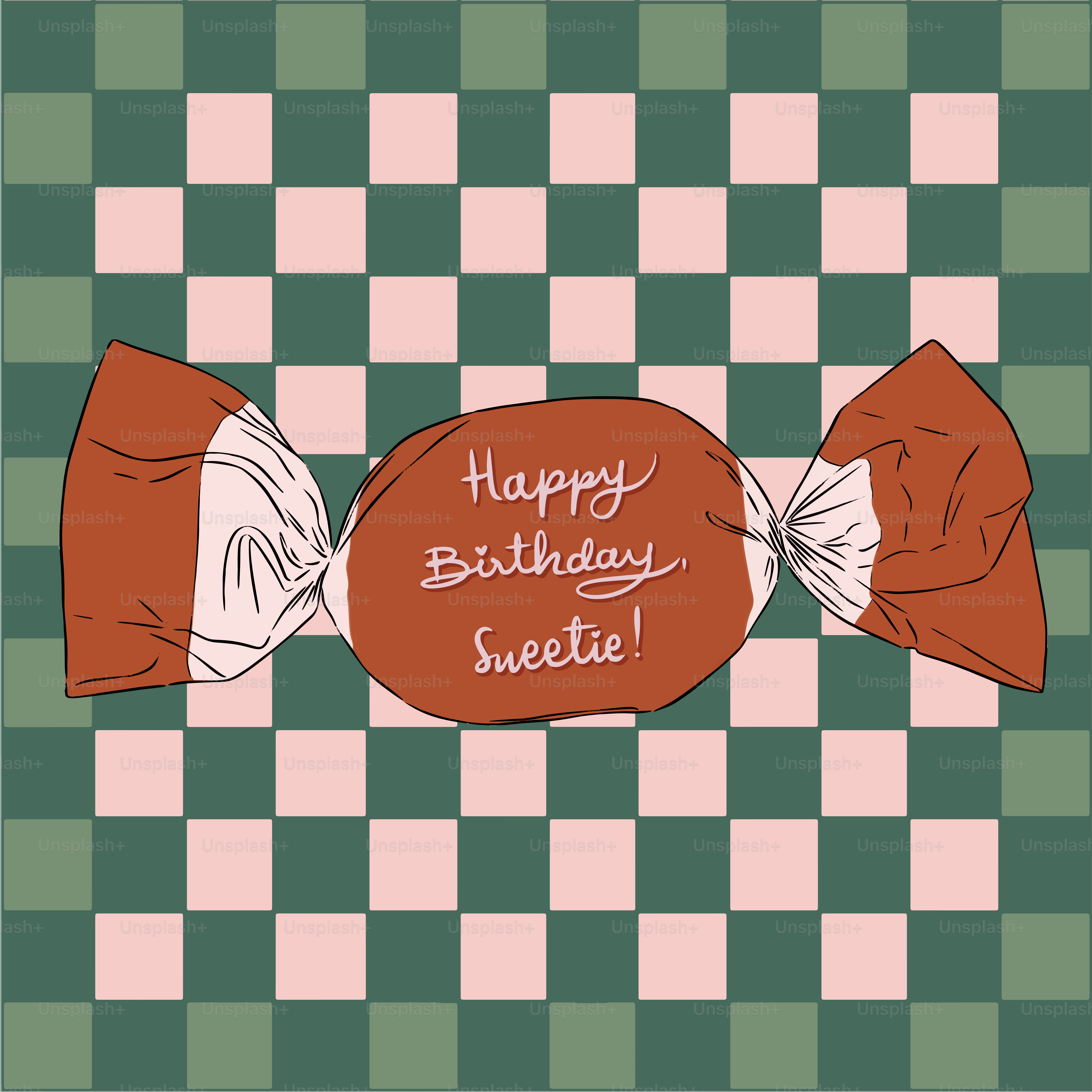 Un mantel a cuadros verdes y rosas con una dulce de feliz cumpleaños