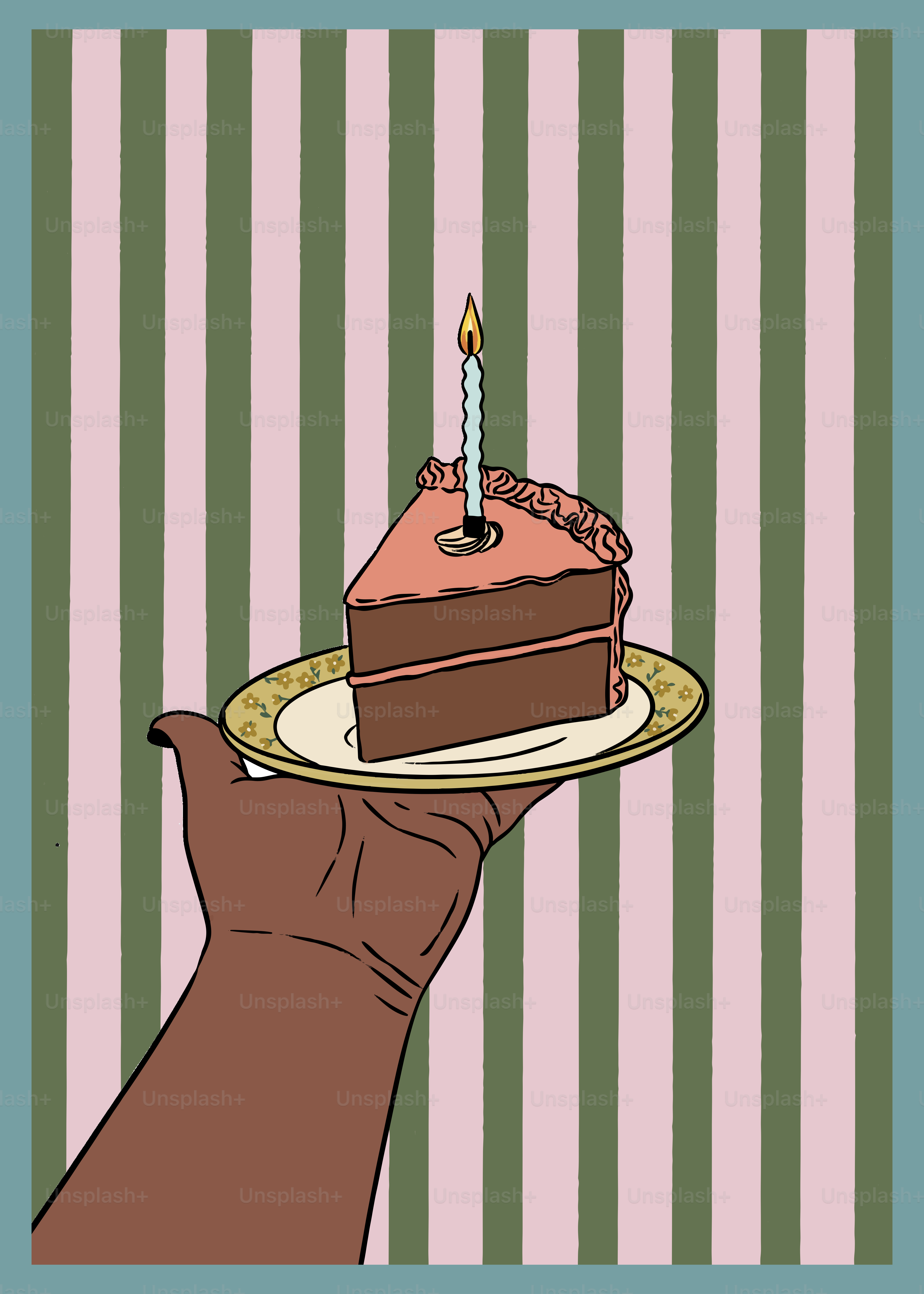 A hand holding a plate with a piece of cake on it