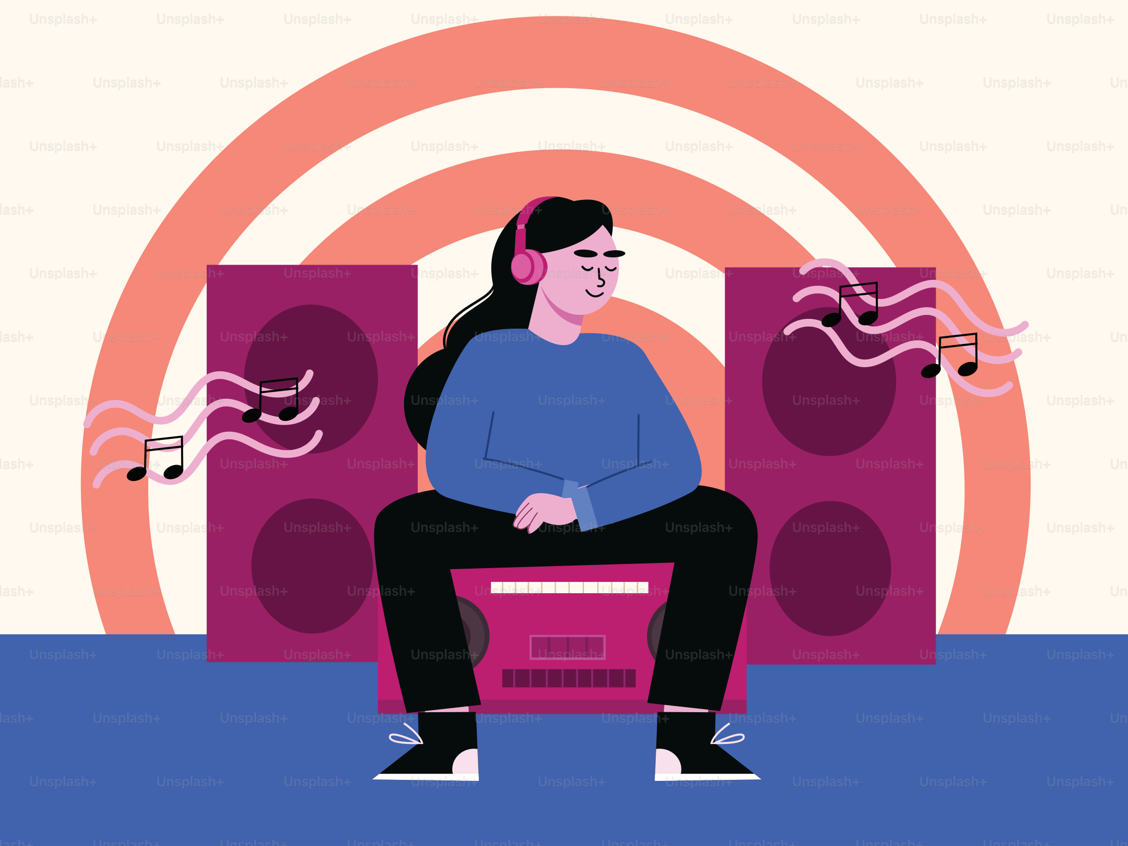 A woman sitting on top of a speaker