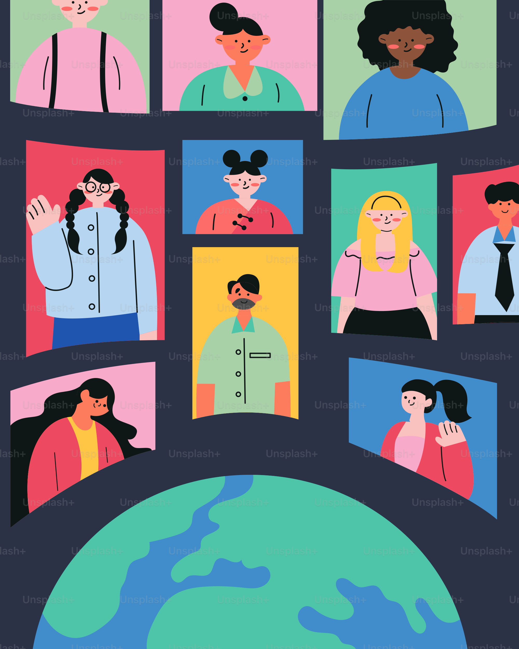 A group of people standing around a globe