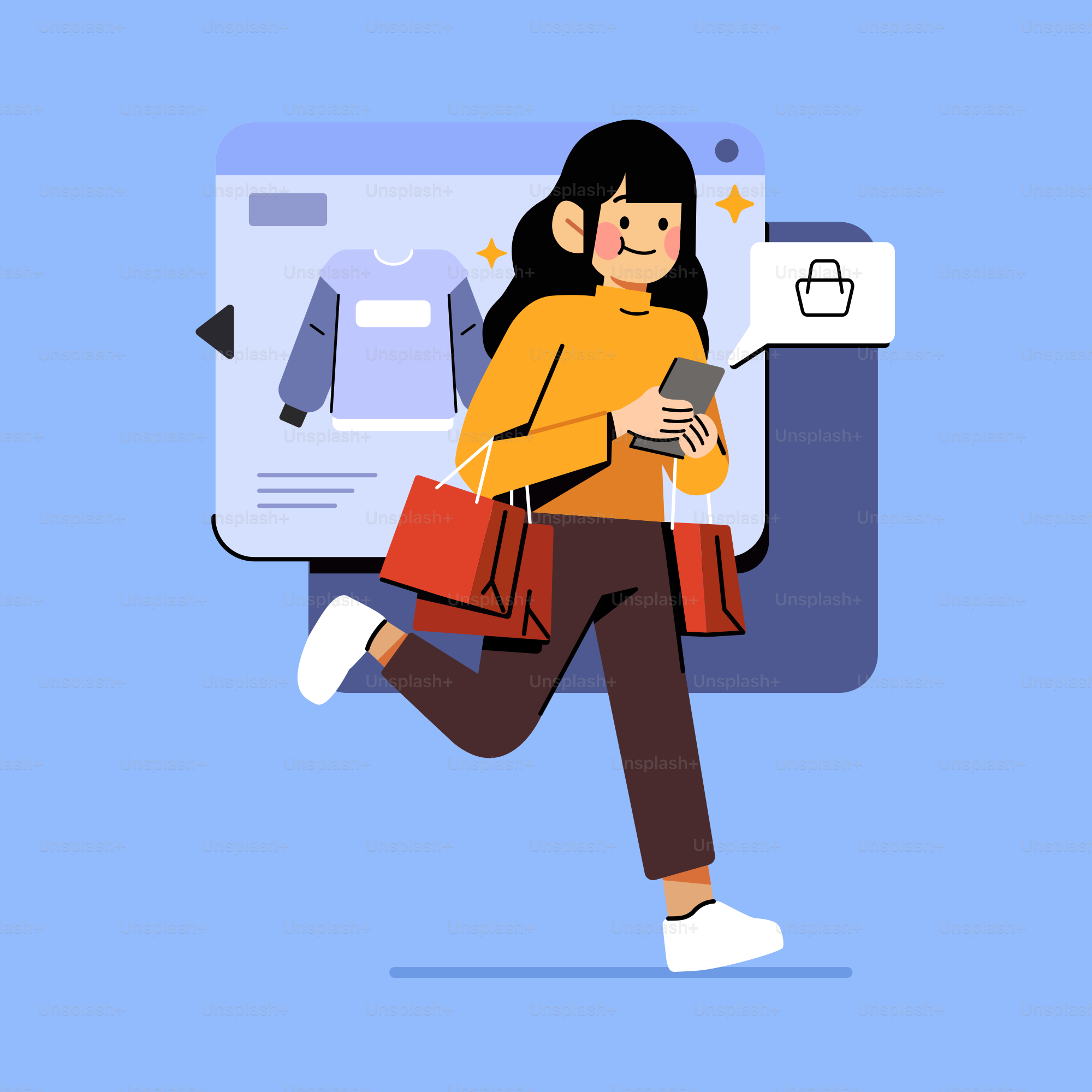 Eine Frau, die mit Einkaufstüten und einem Handy läuft
