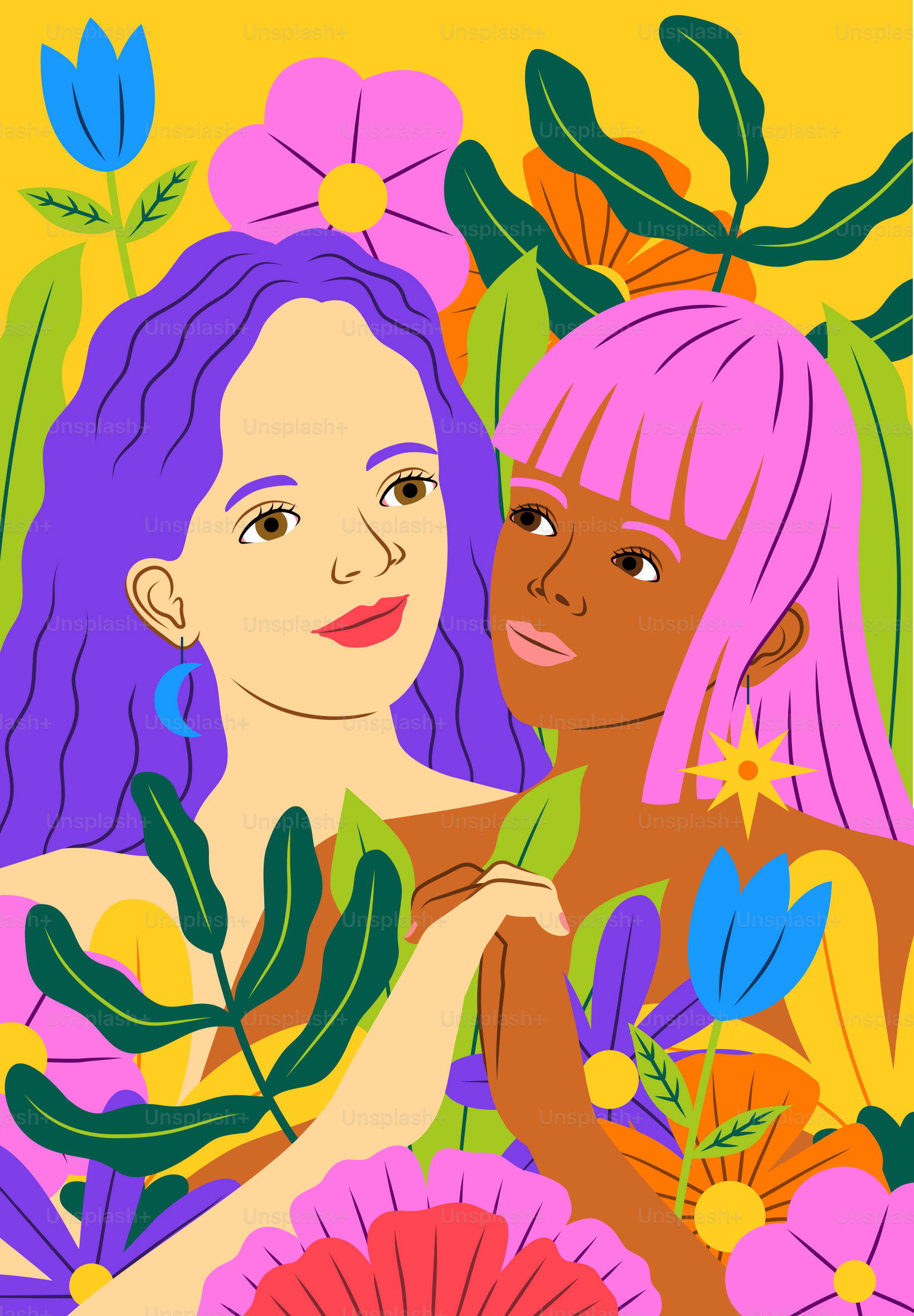 Duas mulheres com cabelo rosa são cercadas por flores