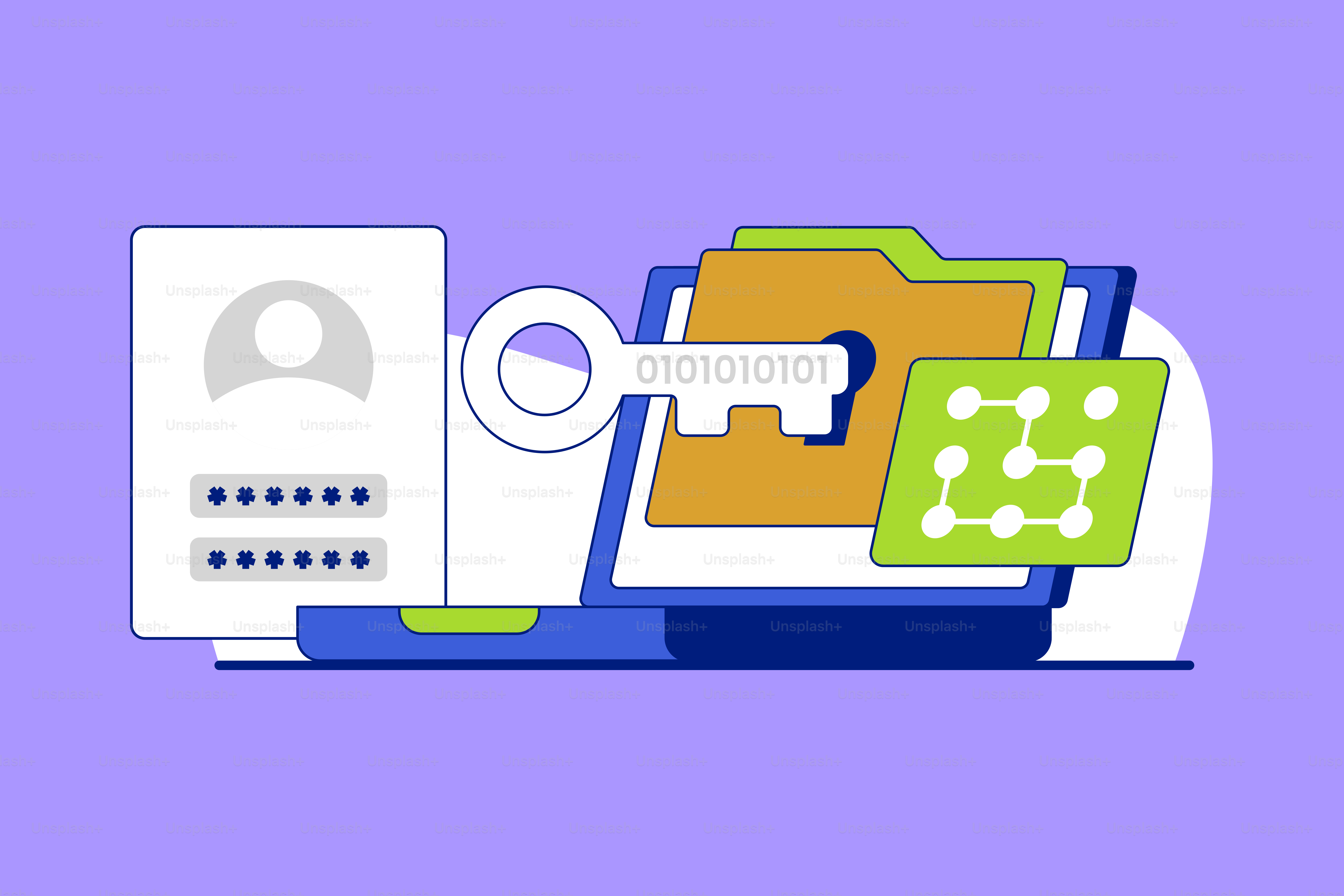 A purple background with a laptop and a key