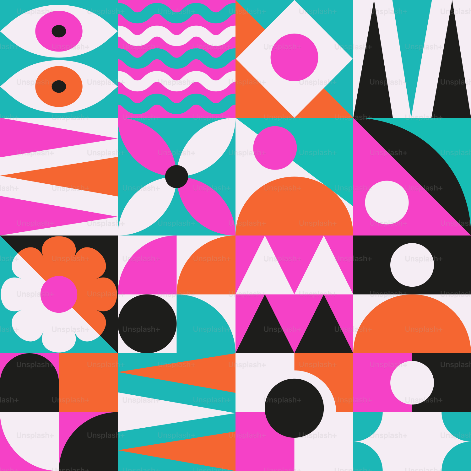 A colorful abstract design with black, white, and pink shapes