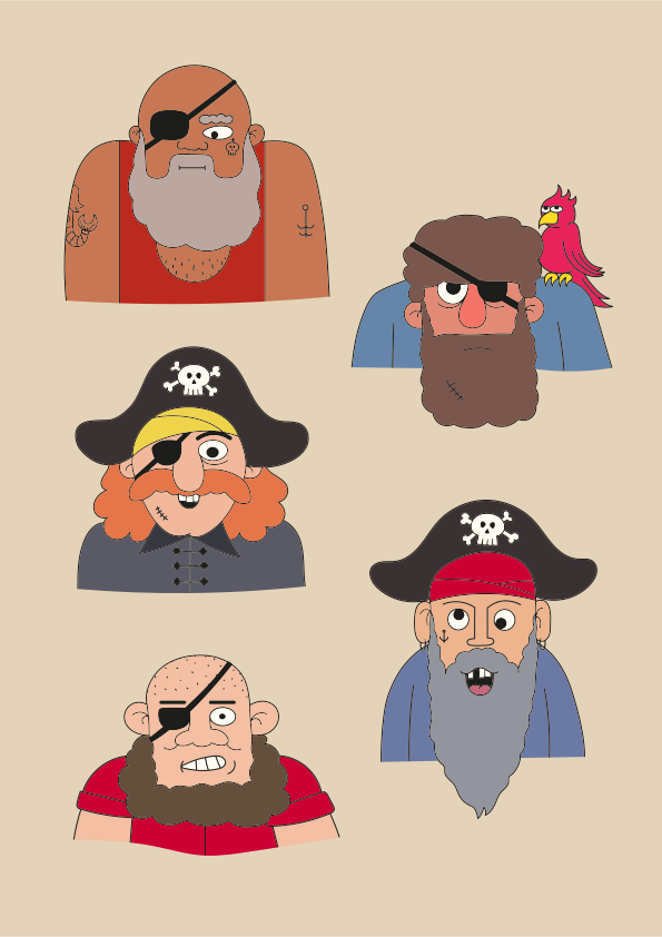 A group of cartoon characters wearing pirate hats