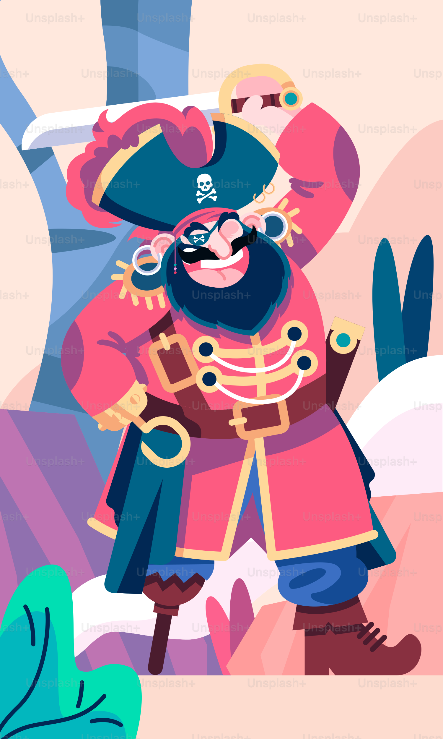 Una caricatura de un hombre con disfraz de pirata