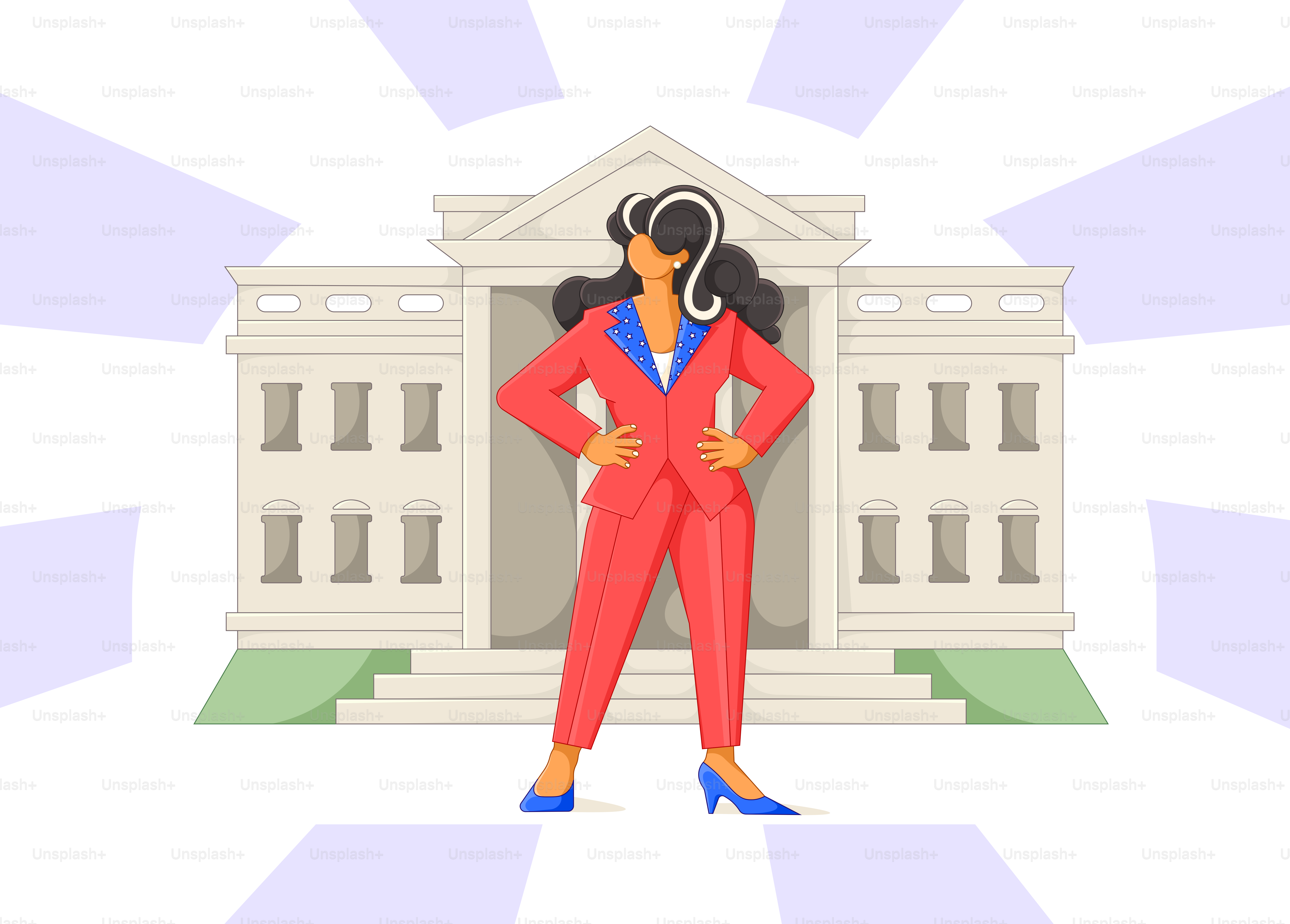 A woman in a red suit standing in front of a building