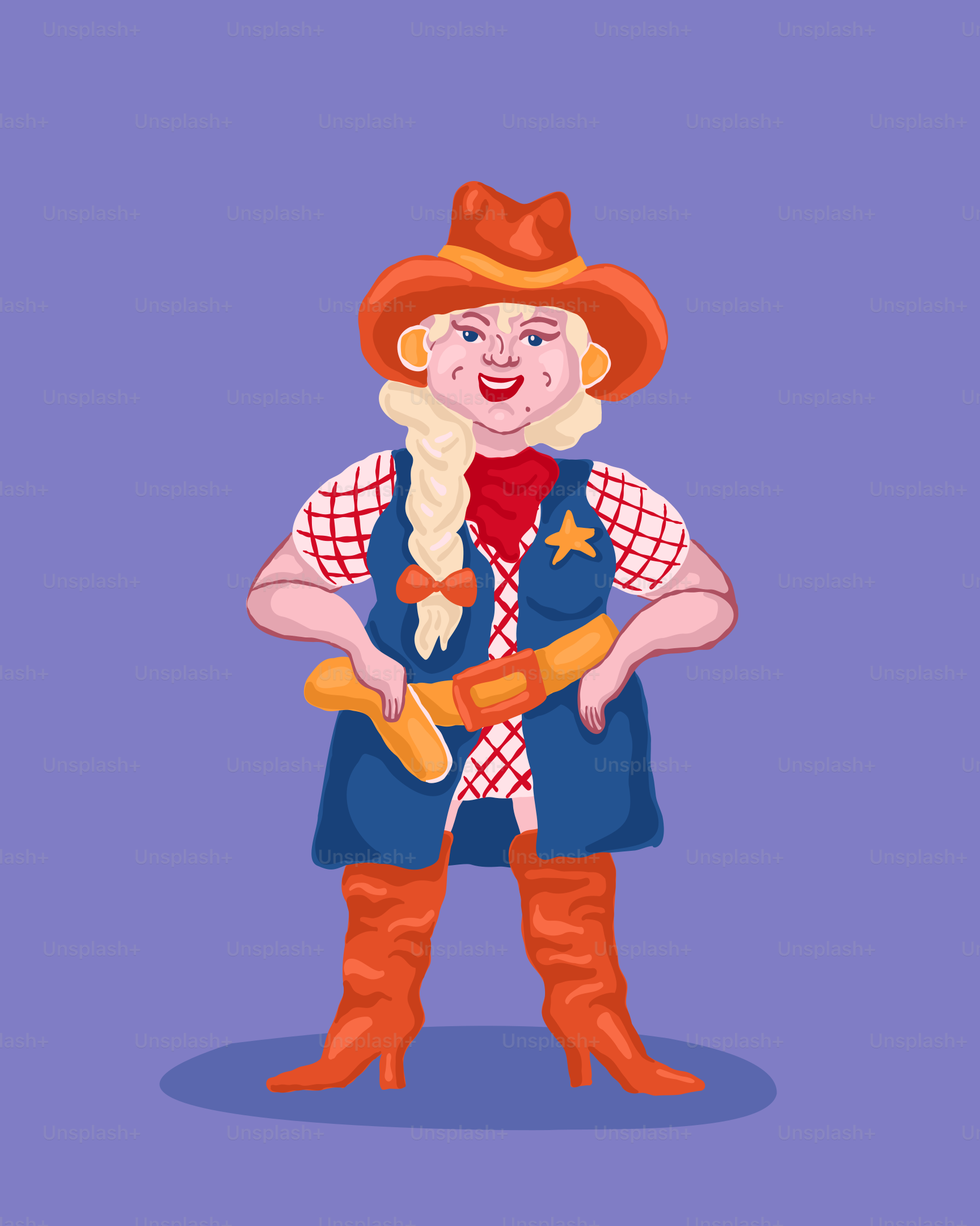 Eine Karikatur einer Frau in einem Cowboy-Outfit