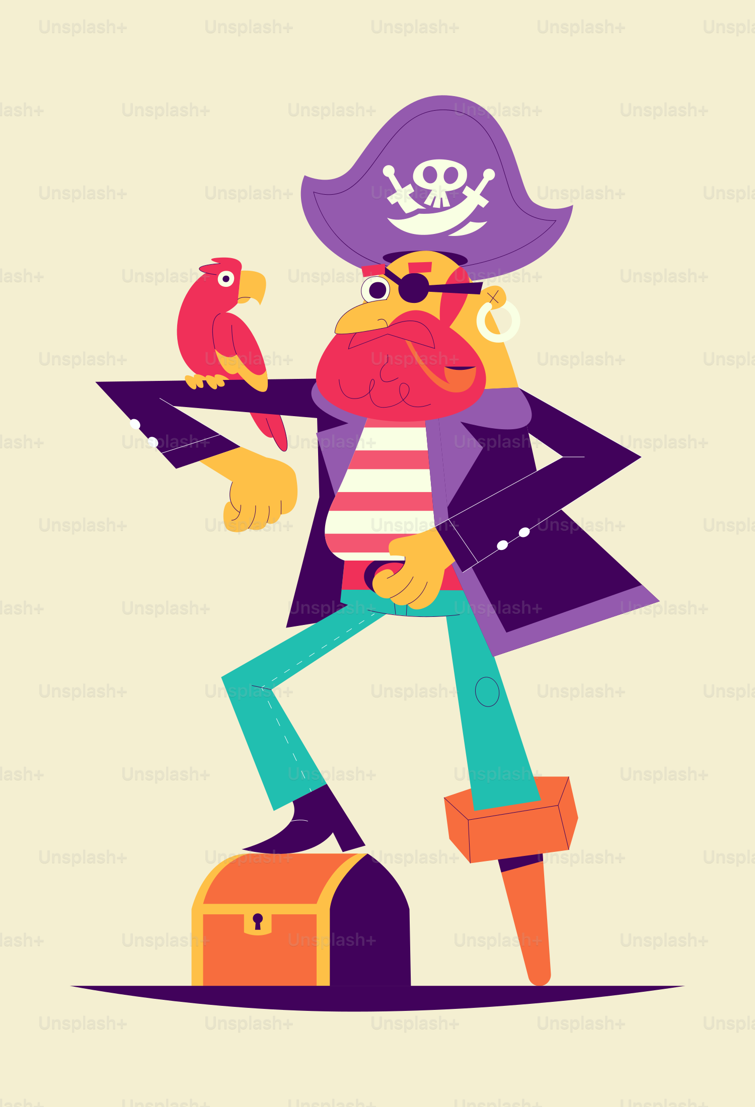 A cartoon pirate with a parrot on his shoulder