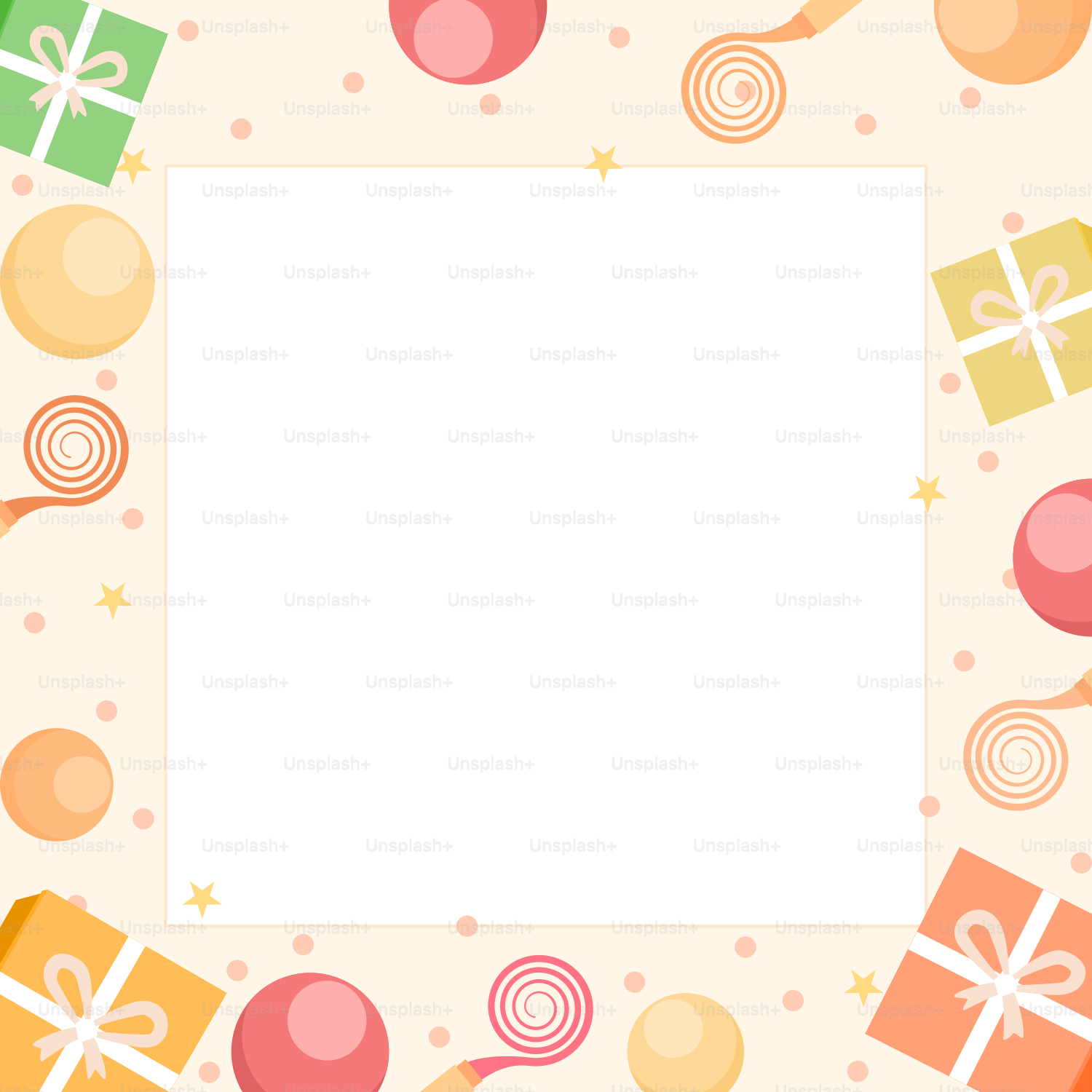 A picture frame with presents and balloons on it