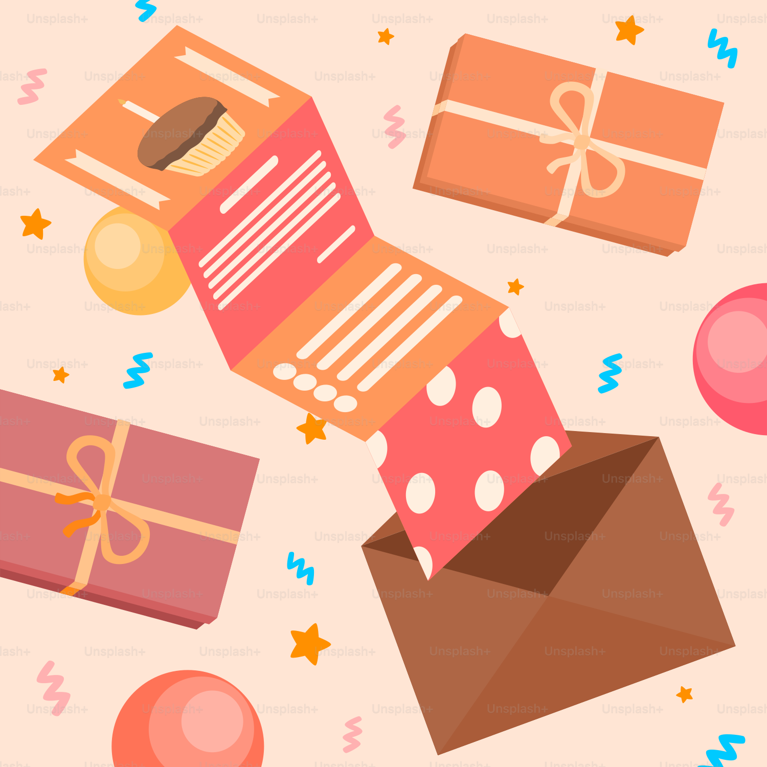 A bunch of boxes and balloons on a pink background