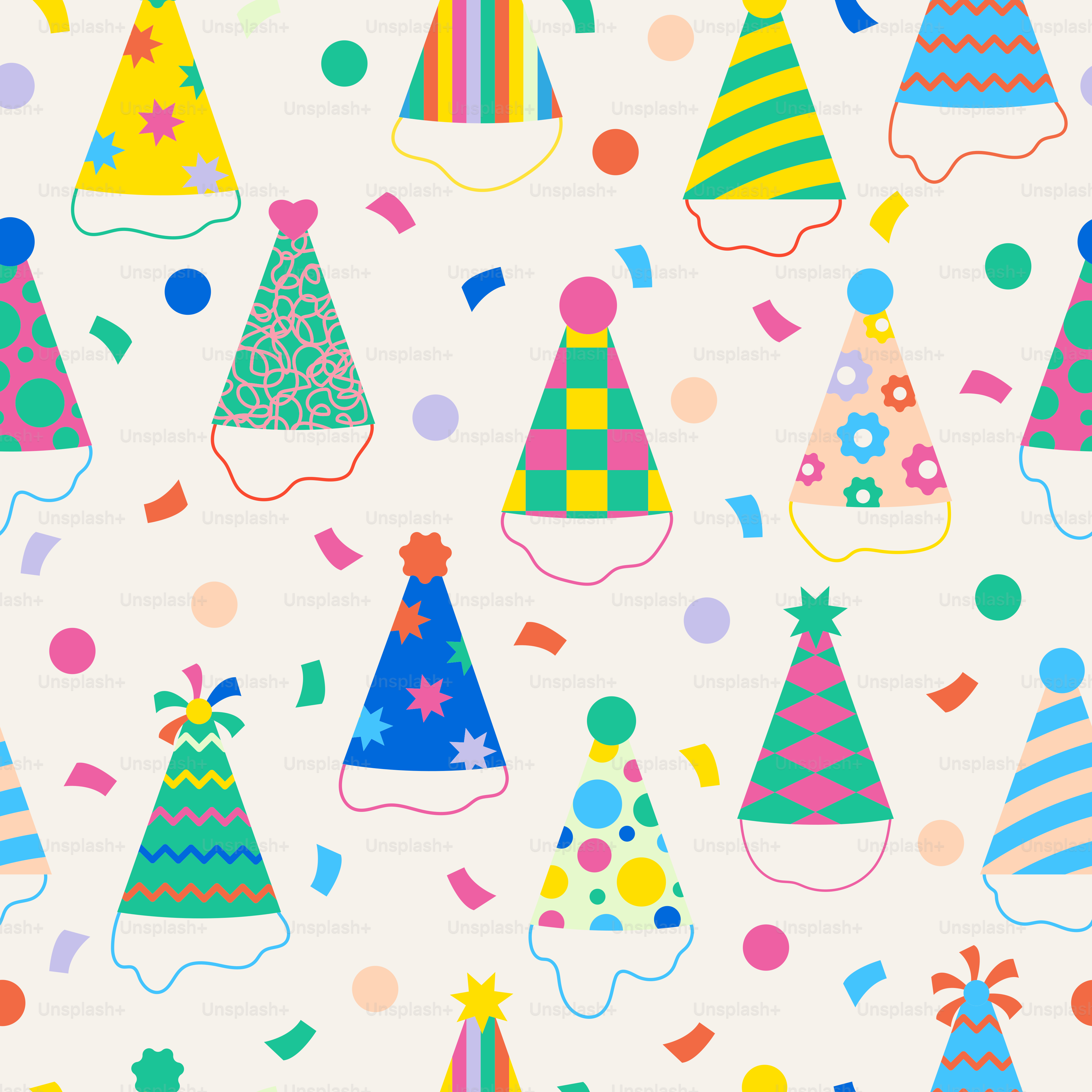 A group of party hats on a white background