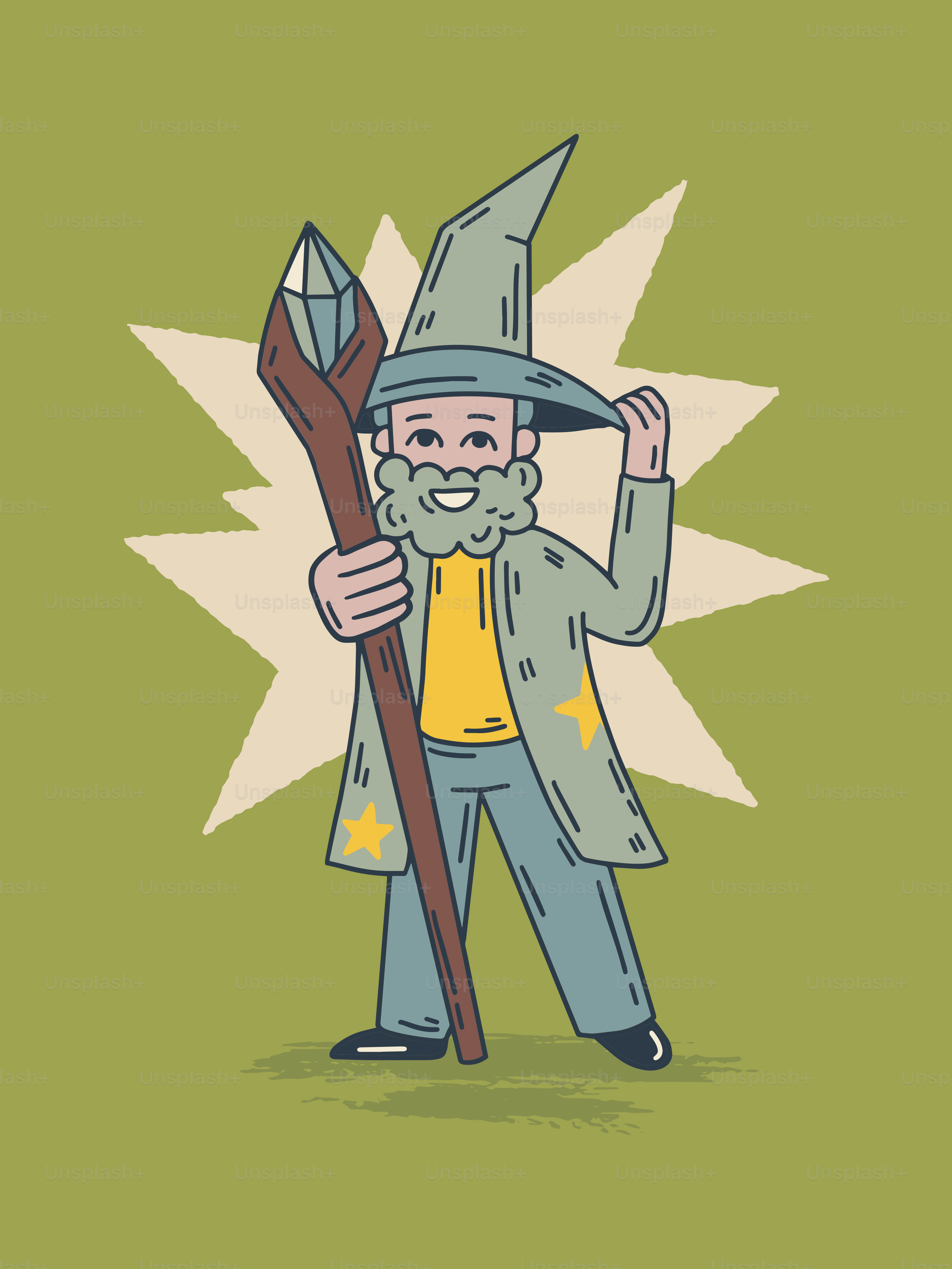 Un hombre con un sombrero de mago sosteniendo una escoba