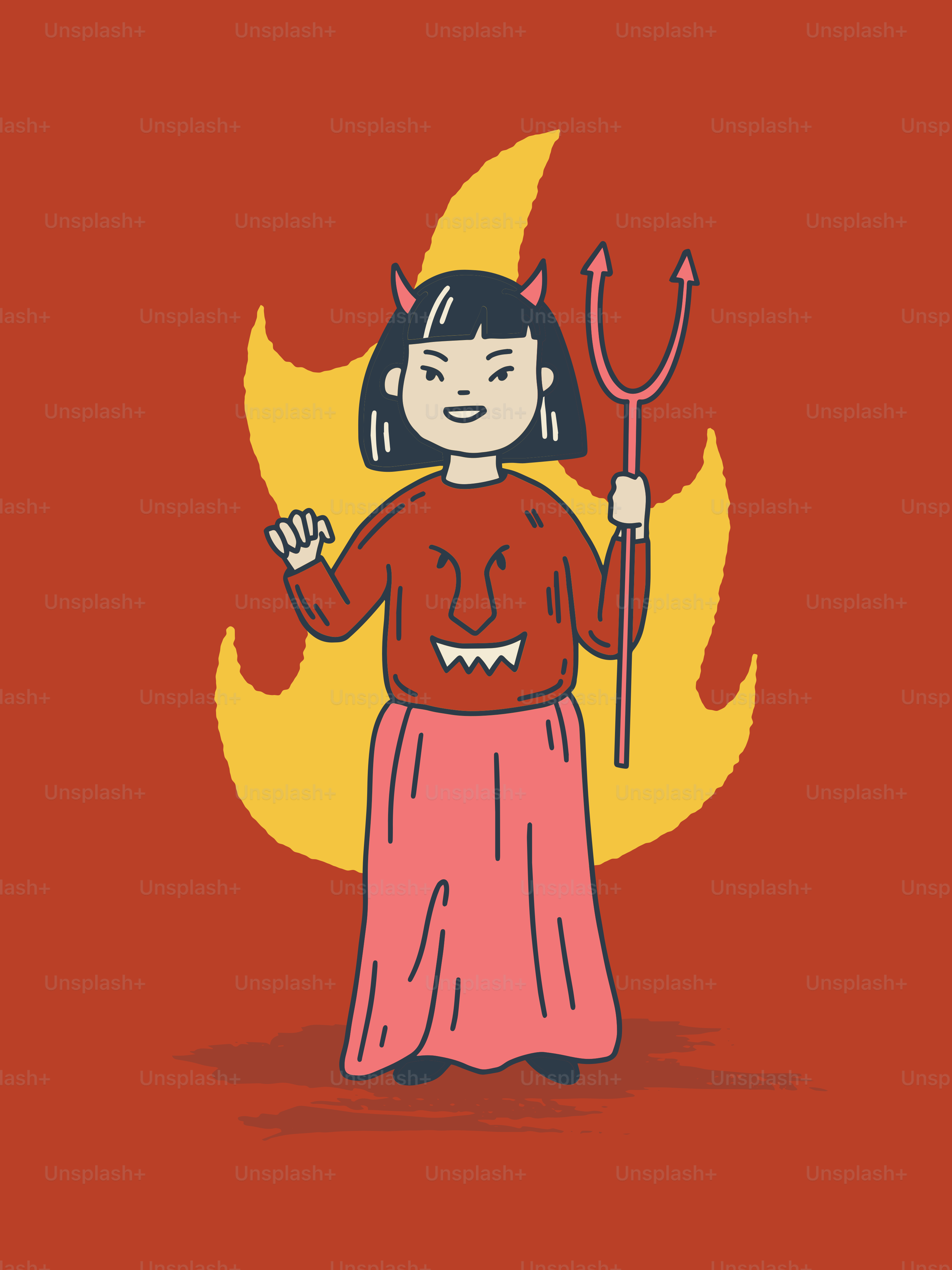 A woman holding a pitchfork standing in front of a fire