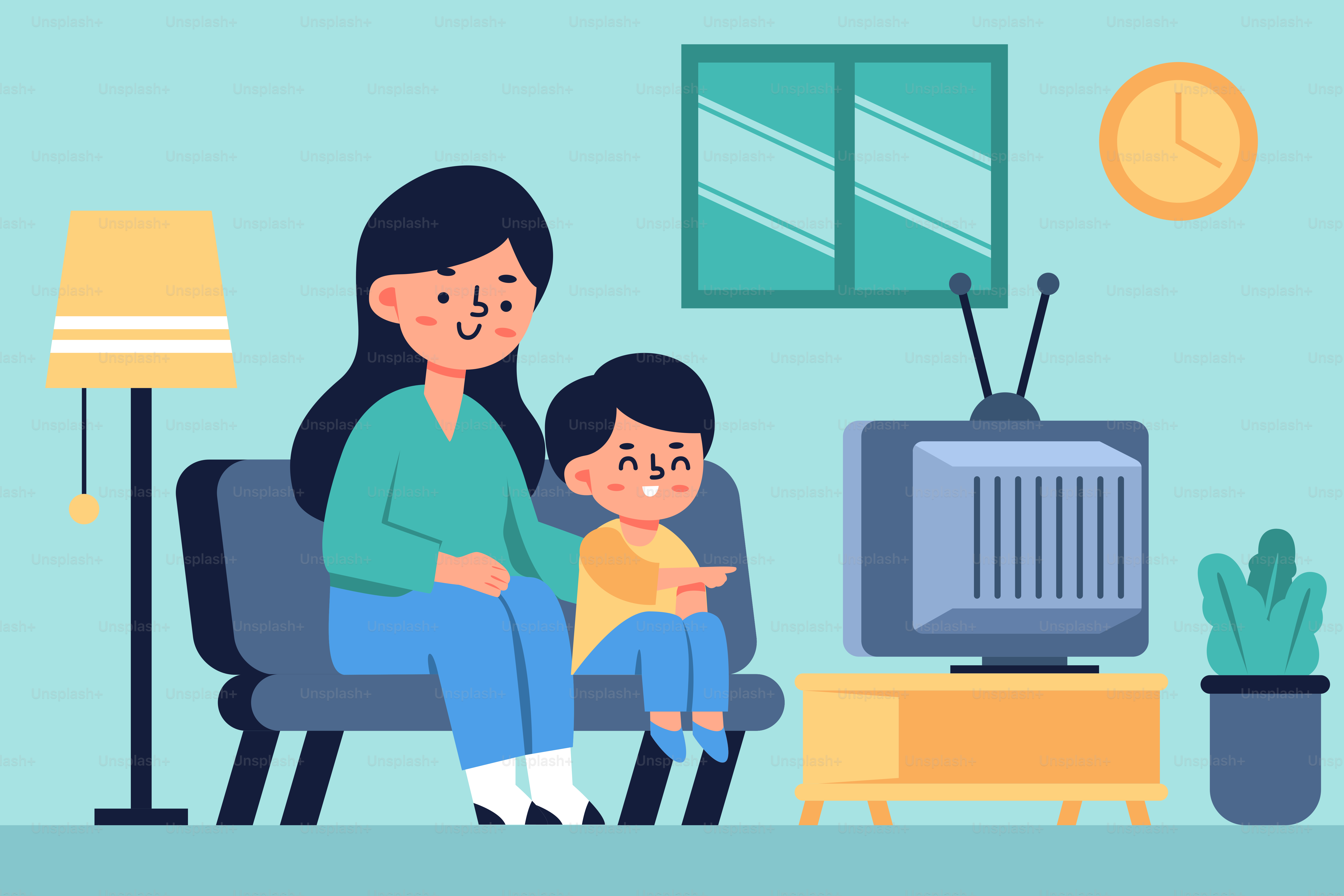 A woman and child sitting on a couch in front of a TV