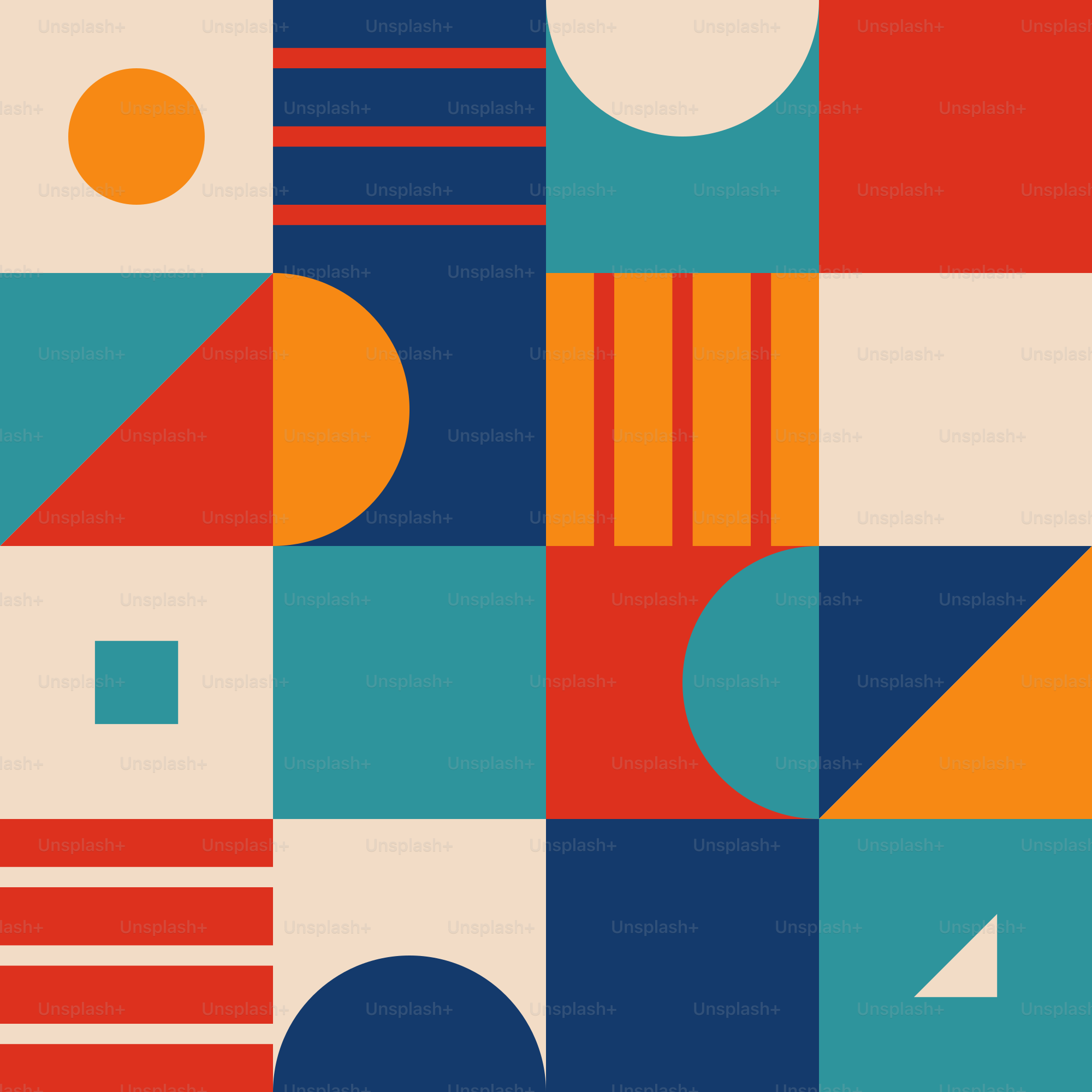 Um padrão abstrato colorido com círculos, quadrados e retângulos