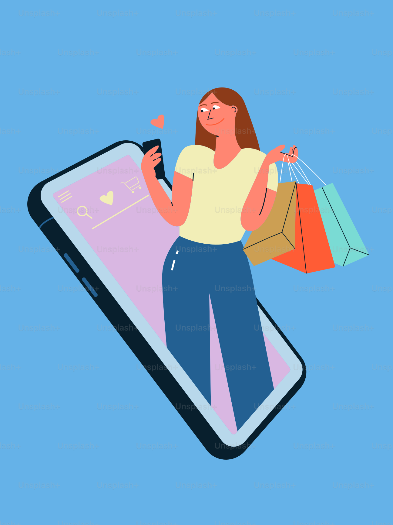 쇼핑백과 휴대폰을 든 여성