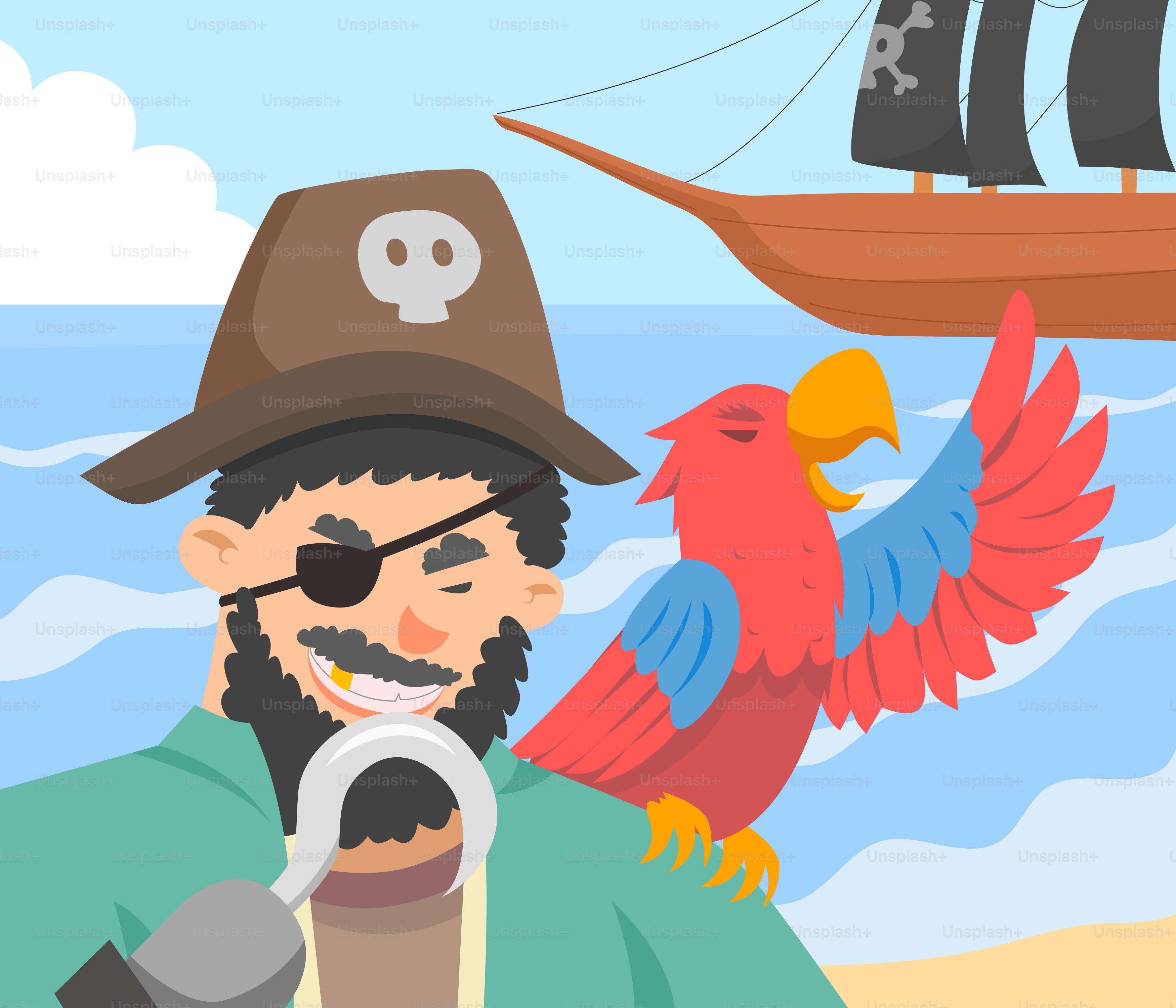 A pirate with a parrot on his shoulder