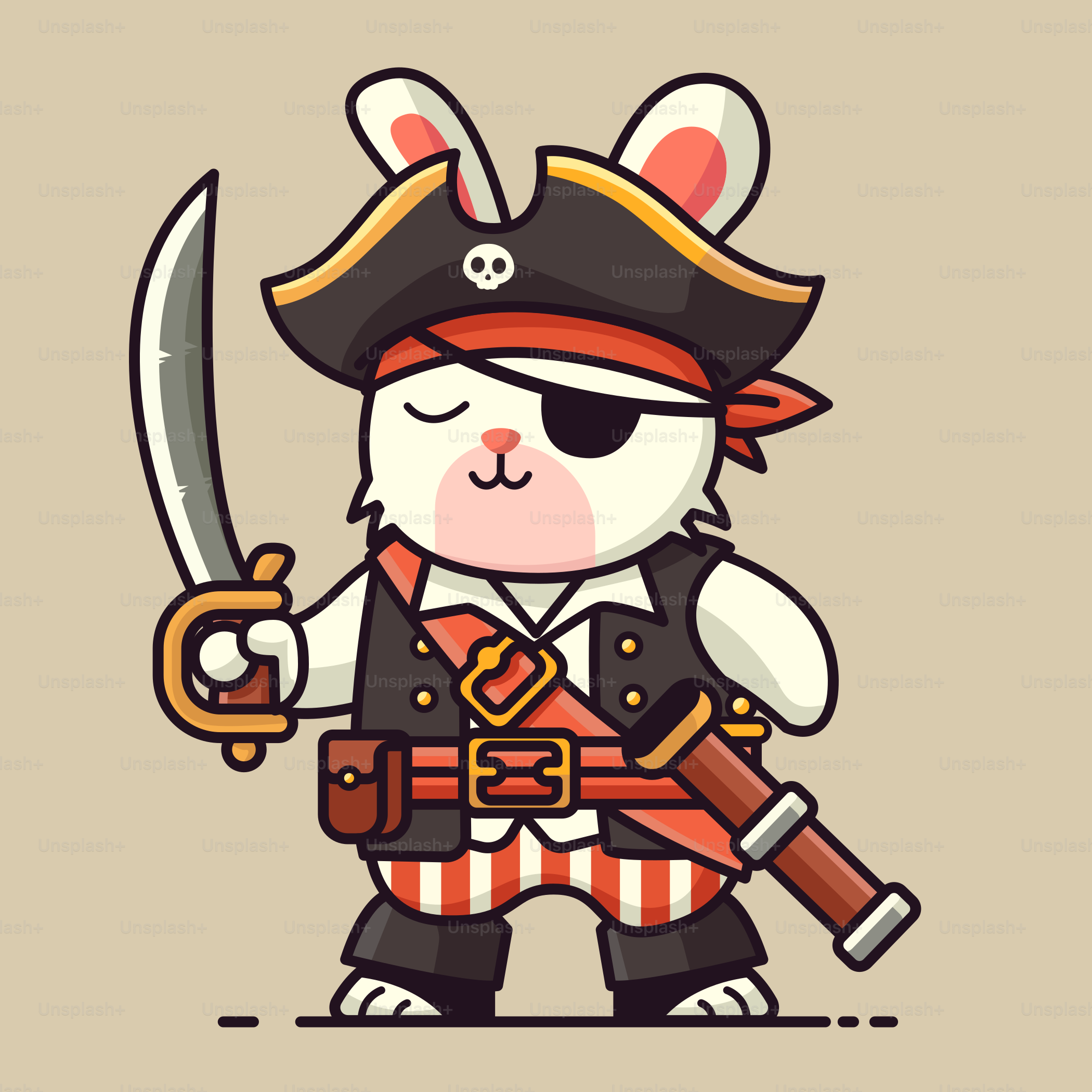 A cartoon rabbit with a pirate outfit holding a sword